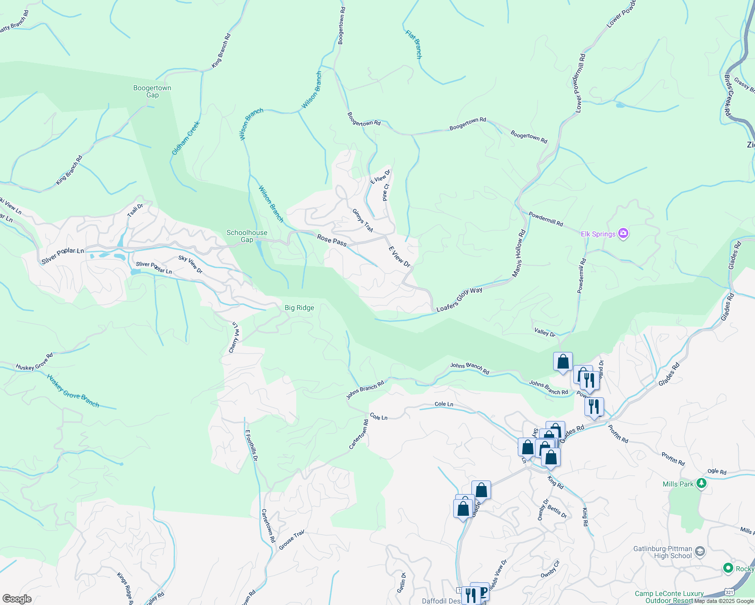 map of restaurants, bars, coffee shops, grocery stores, and more near 2017 Settlers Ridge Way in Gatlinburg