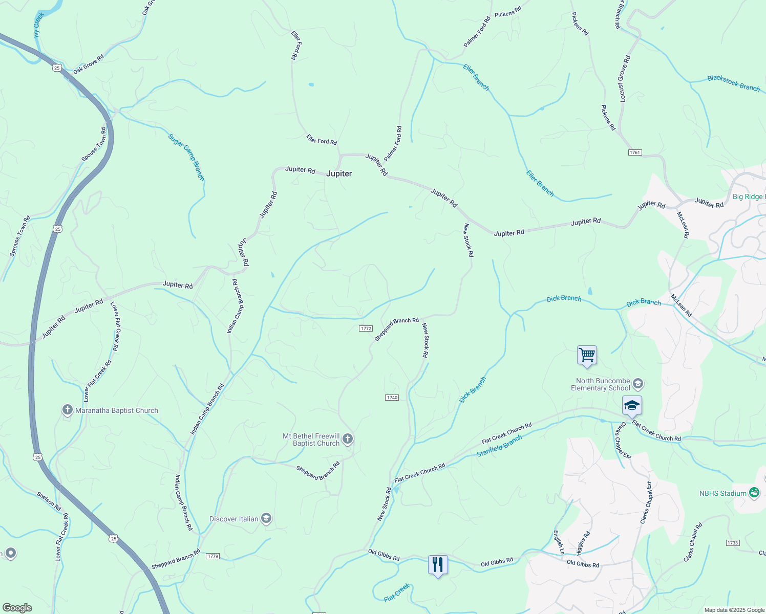 map of restaurants, bars, coffee shops, grocery stores, and more near Sheppard Branch Road in Weaverville