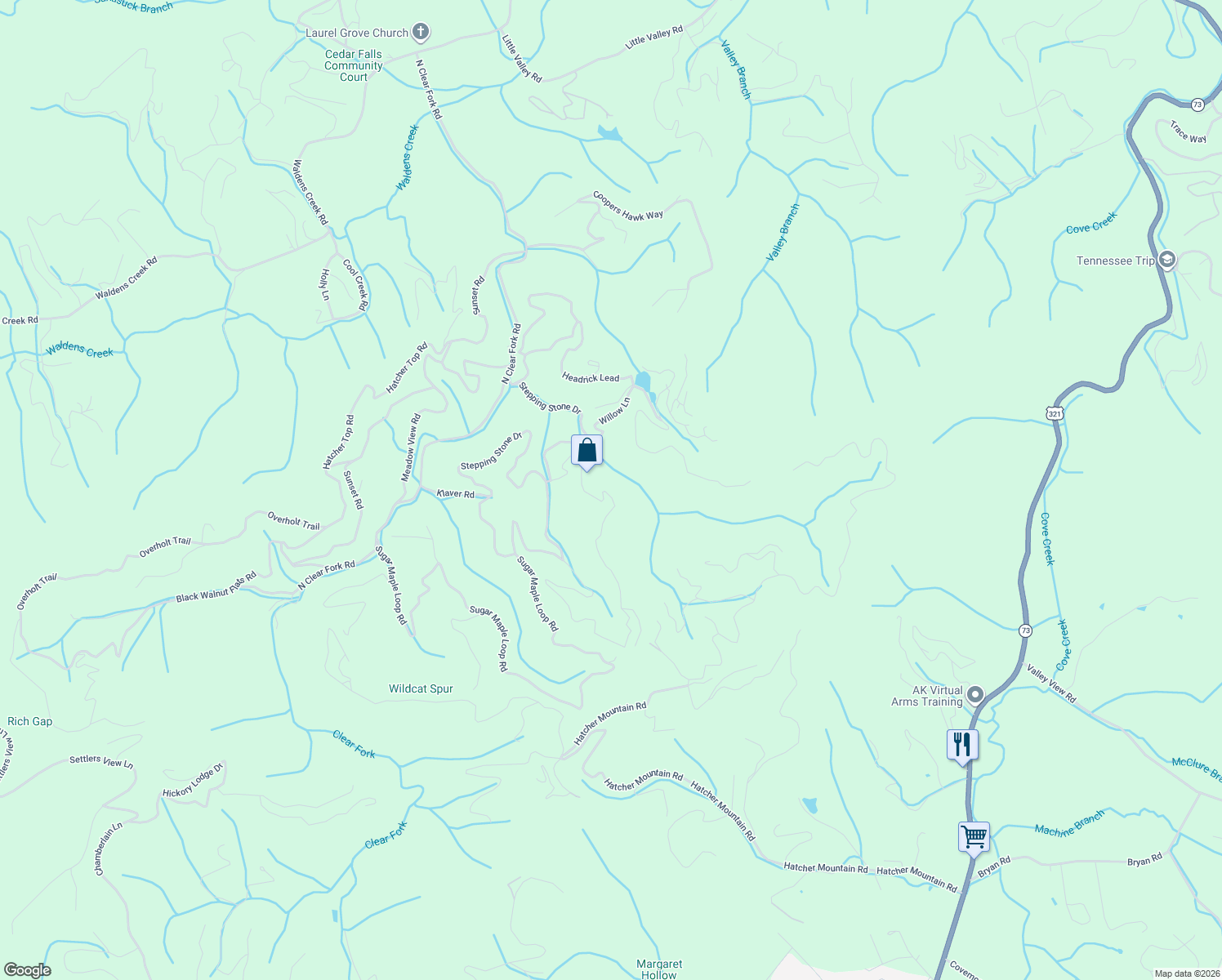 map of restaurants, bars, coffee shops, grocery stores, and more near 3252 Emerald Springs Loop in Pigeon Forge
