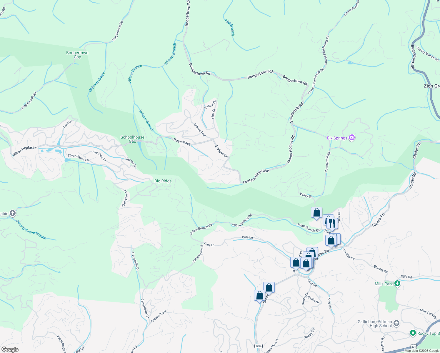 map of restaurants, bars, coffee shops, grocery stores, and more near 2152 East View Drive in Sevierville