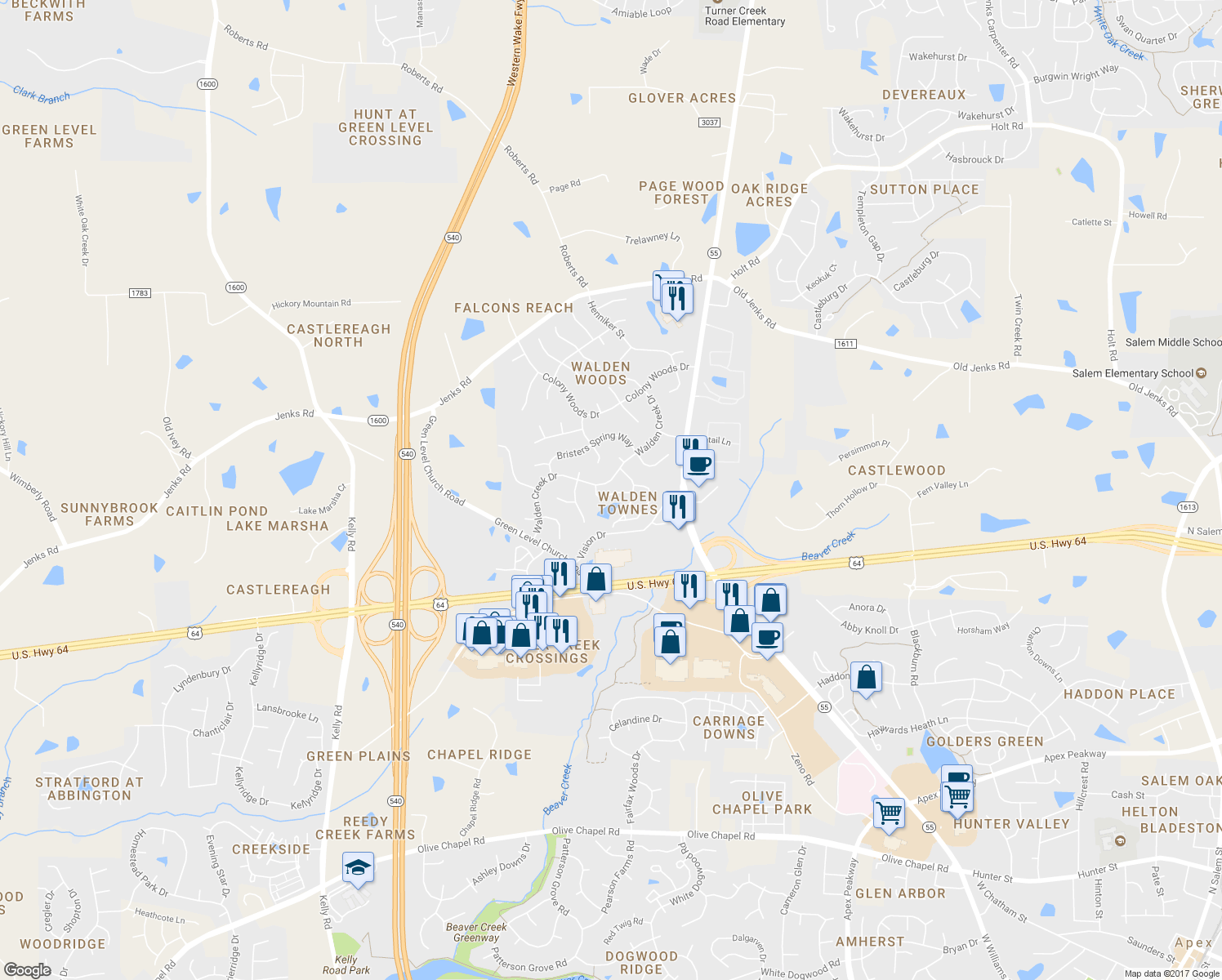 map of restaurants, bars, coffee shops, grocery stores, and more near 1614 Shepherds Glade Drive in Apex