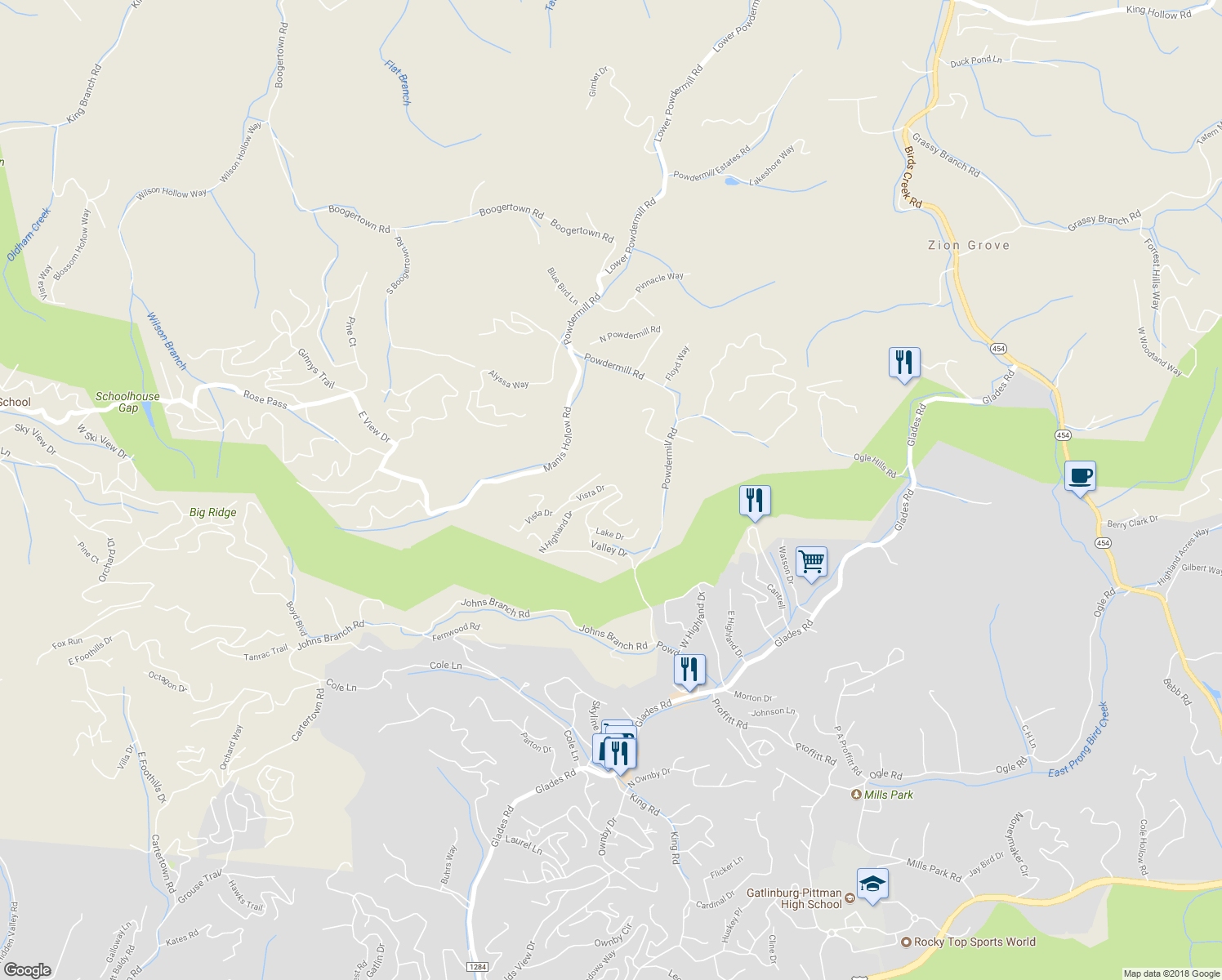 map of restaurants, bars, coffee shops, grocery stores, and more near 1080 Vista Drive in Gatlinburg
