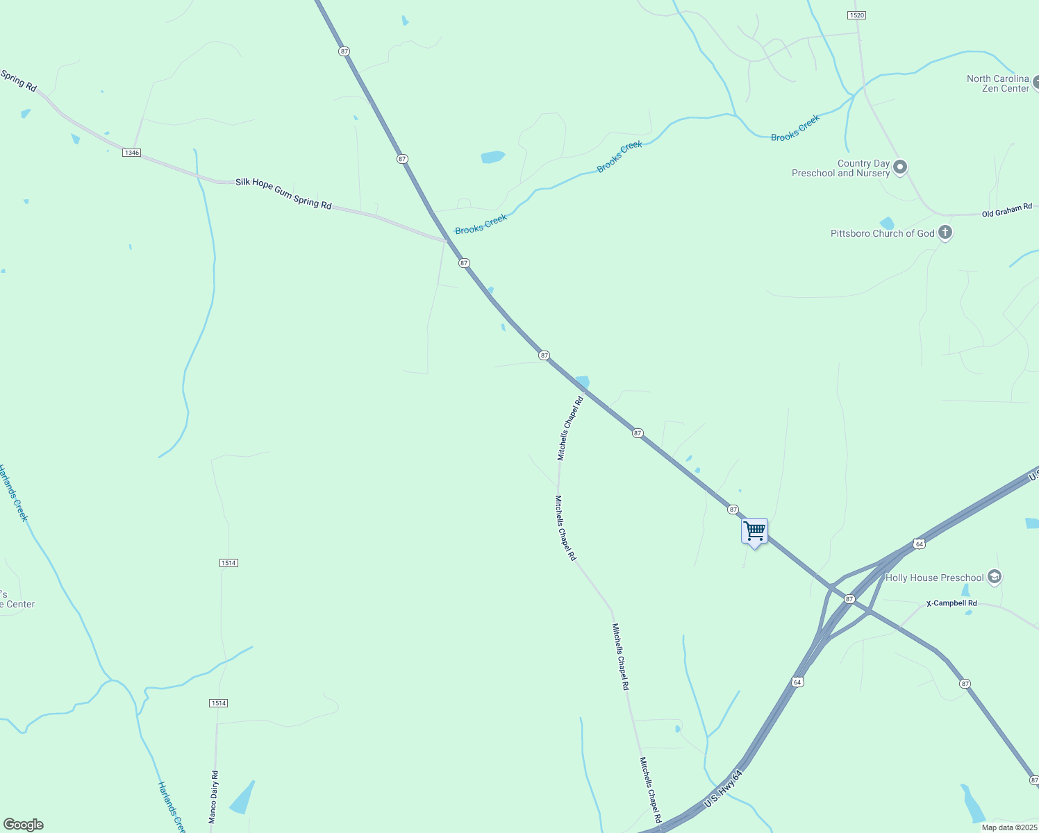 map of restaurants, bars, coffee shops, grocery stores, and more near 1765 Mitchells Chapel Road in Pittsboro