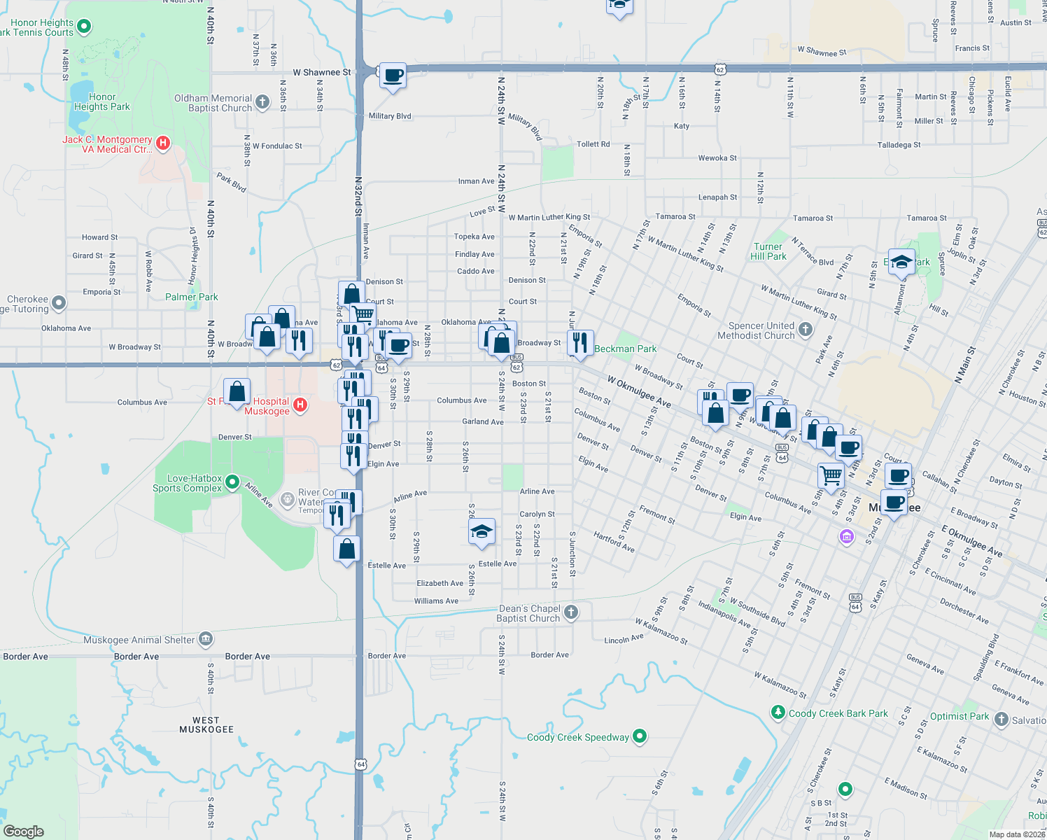 map of restaurants, bars, coffee shops, grocery stores, and more near 2300 Garland Street in Muskogee