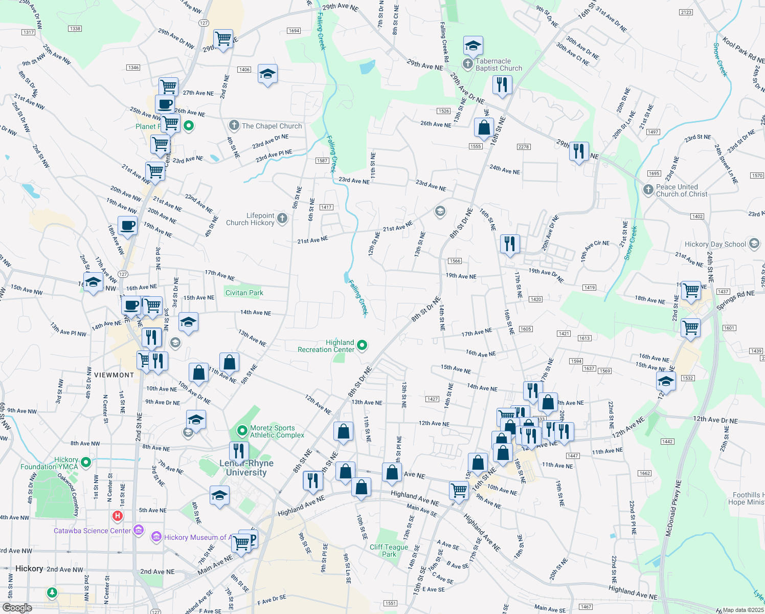map of restaurants, bars, coffee shops, grocery stores, and more near 1733 12th Street Northeast in Hickory