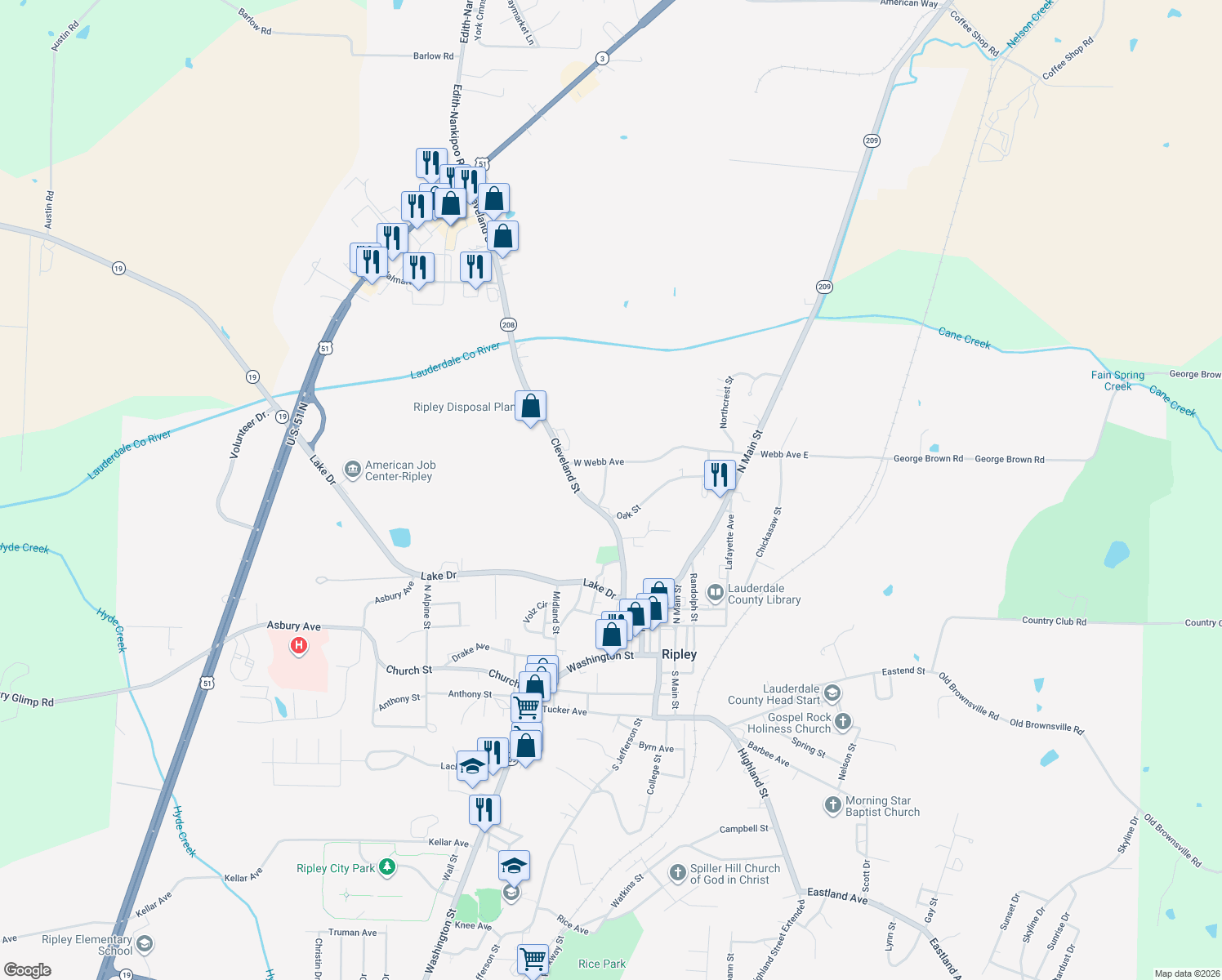 map of restaurants, bars, coffee shops, grocery stores, and more near 205 Tichenor Street in Ripley