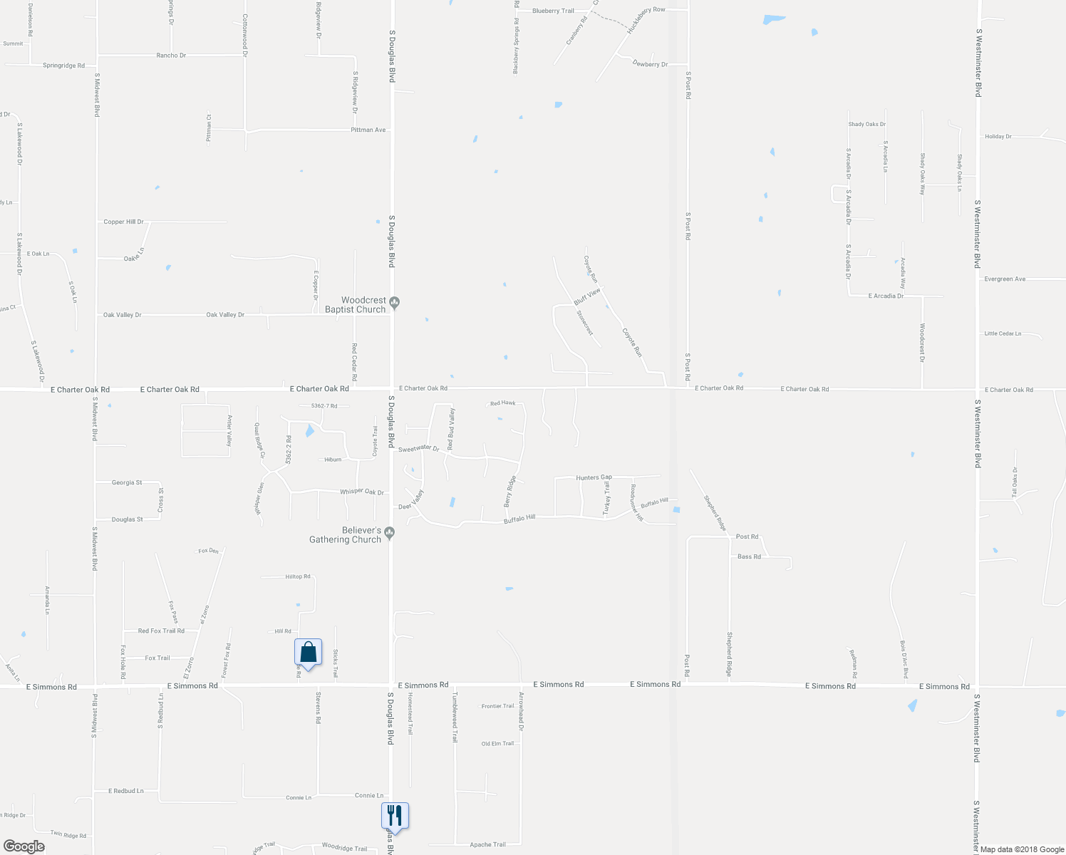 map of restaurants, bars, coffee shops, grocery stores, and more near 12154 Berry Ridge in Guthrie