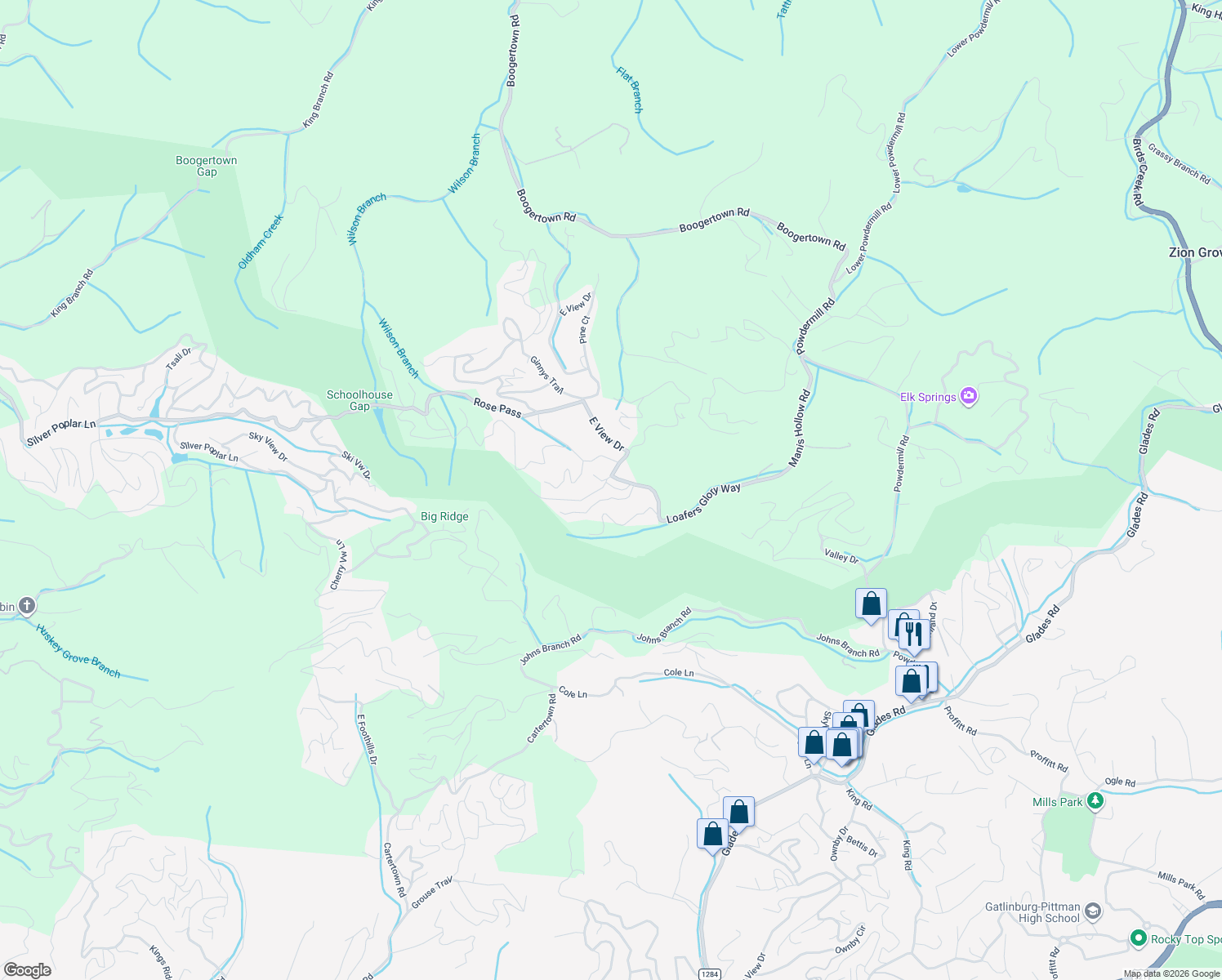 map of restaurants, bars, coffee shops, grocery stores, and more near 2152 East View Drive in Sevierville