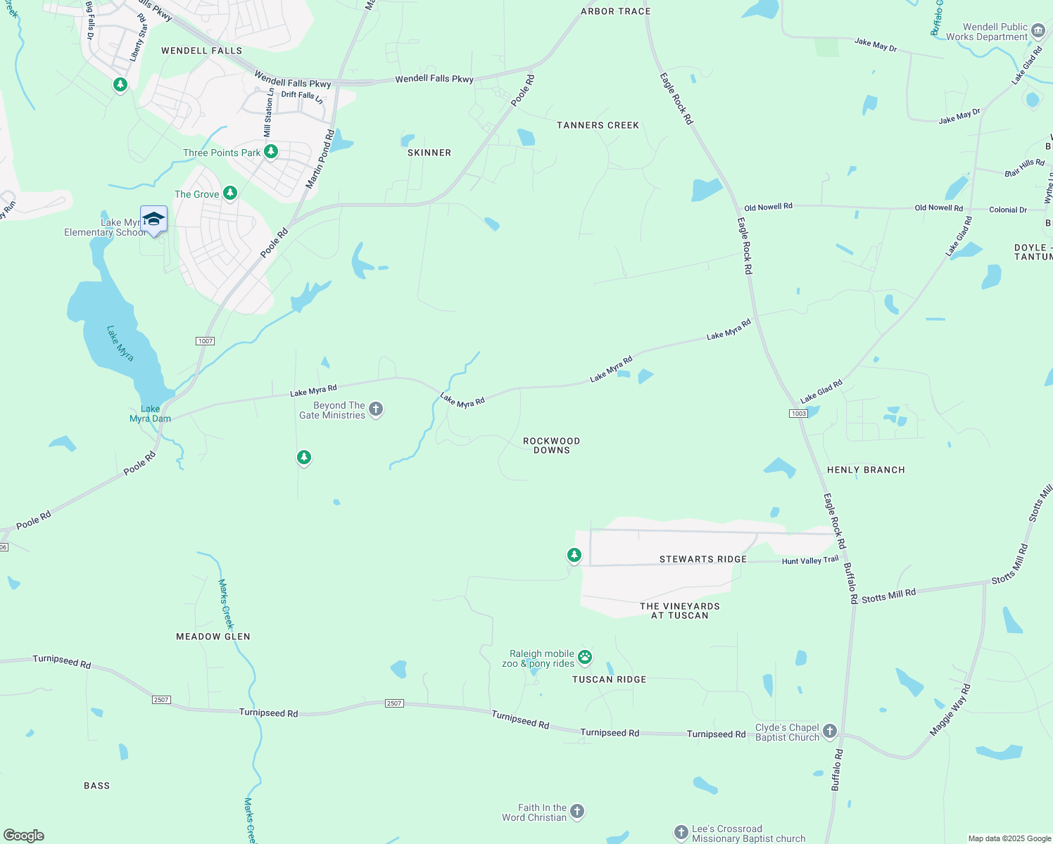 map of restaurants, bars, coffee shops, grocery stores, and more near 1409 Rockwood Downs Drive in Wendell