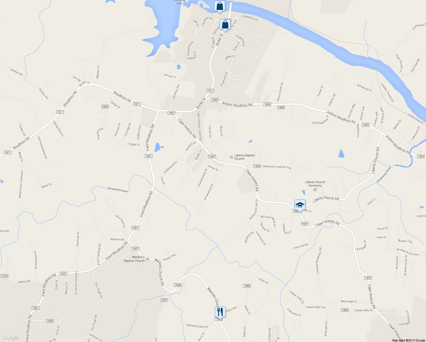 map of restaurants, bars, coffee shops, grocery stores, and more near 8806 Arrow St in Hickory