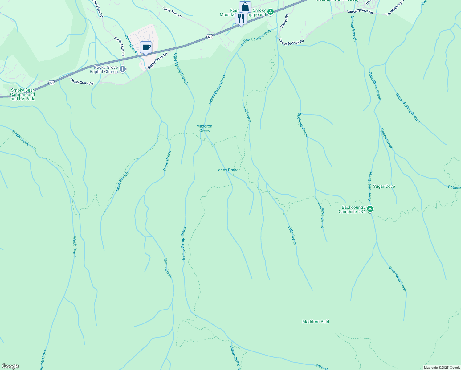 map of restaurants, bars, coffee shops, grocery stores, and more near Maddron Bald Trail in Cosby