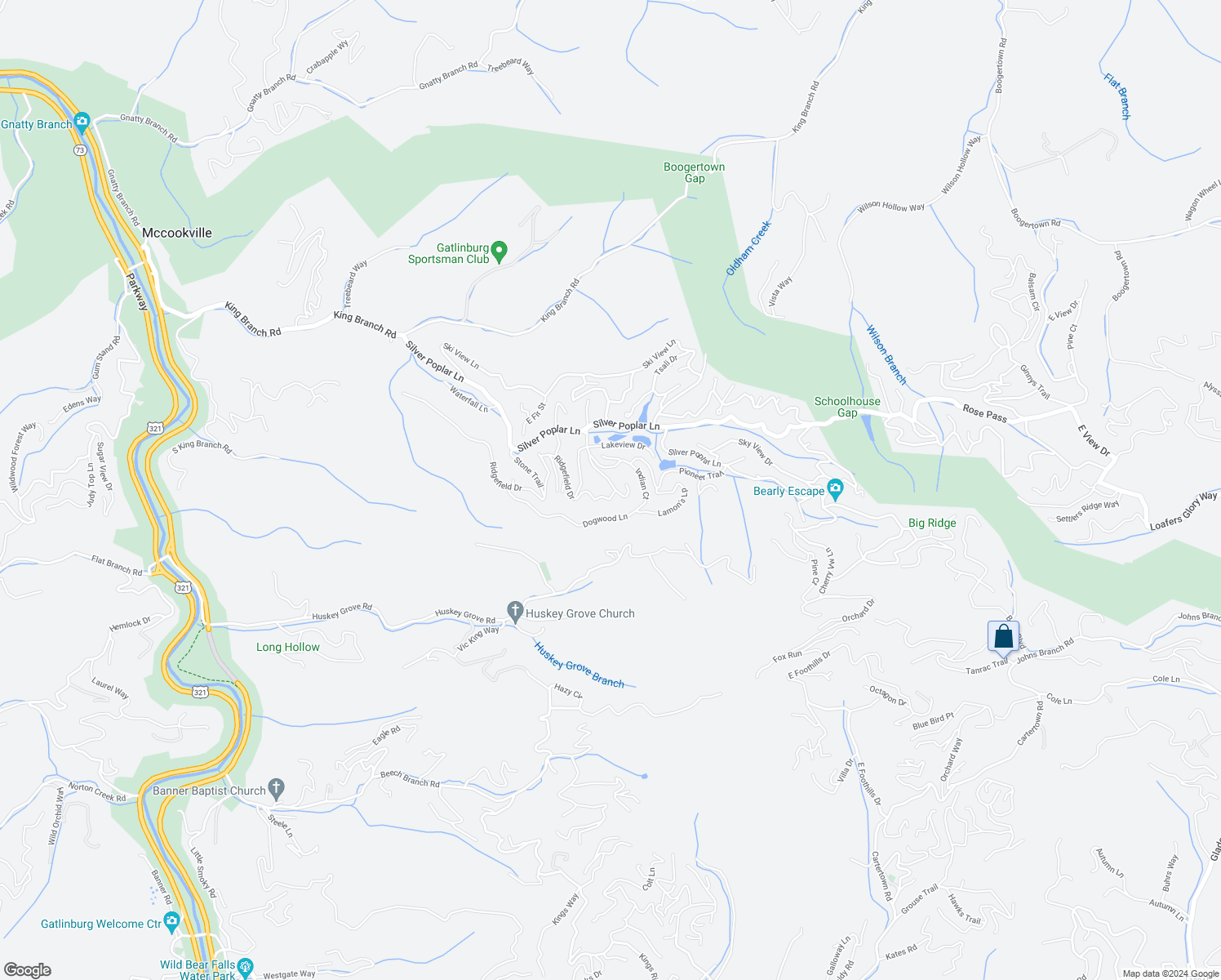 map of restaurants, bars, coffee shops, grocery stores, and more near 1401 Ridgefield Drive in Sevierville