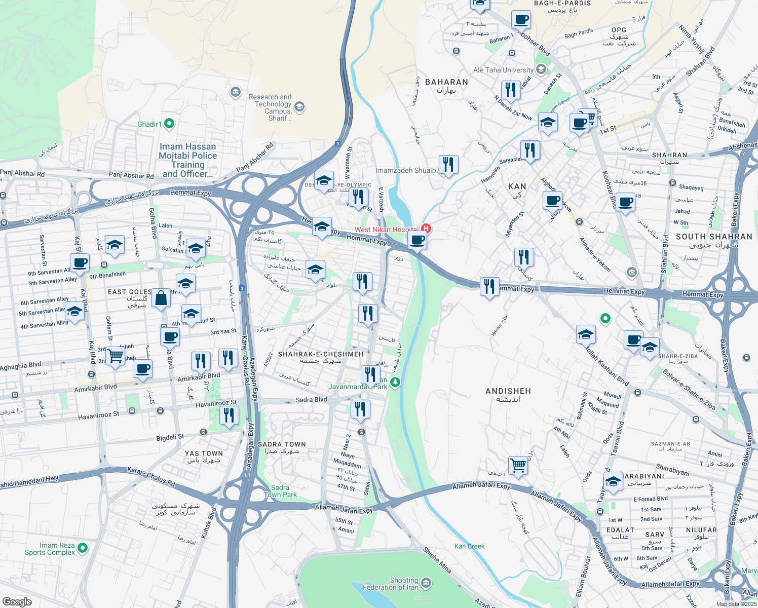 map of restaurants, bars, coffee shops, grocery stores, and more near Dehkadeh Olympic Boulevard in Tehran