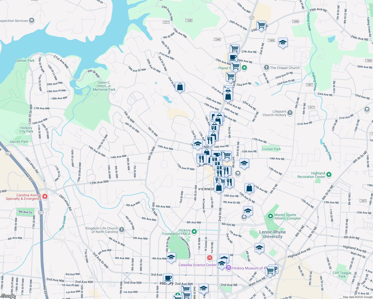 map of restaurants, bars, coffee shops, grocery stores, and more near 132 15th Ave NW in Hickory