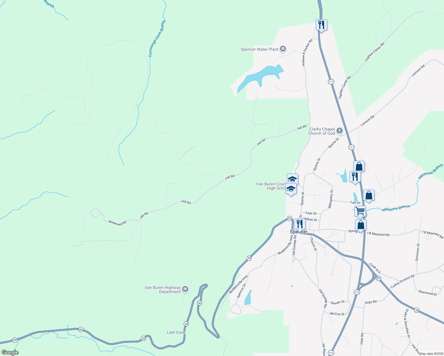 map of restaurants, bars, coffee shops, grocery stores, and more near 62 Spokelay Road in Spencer