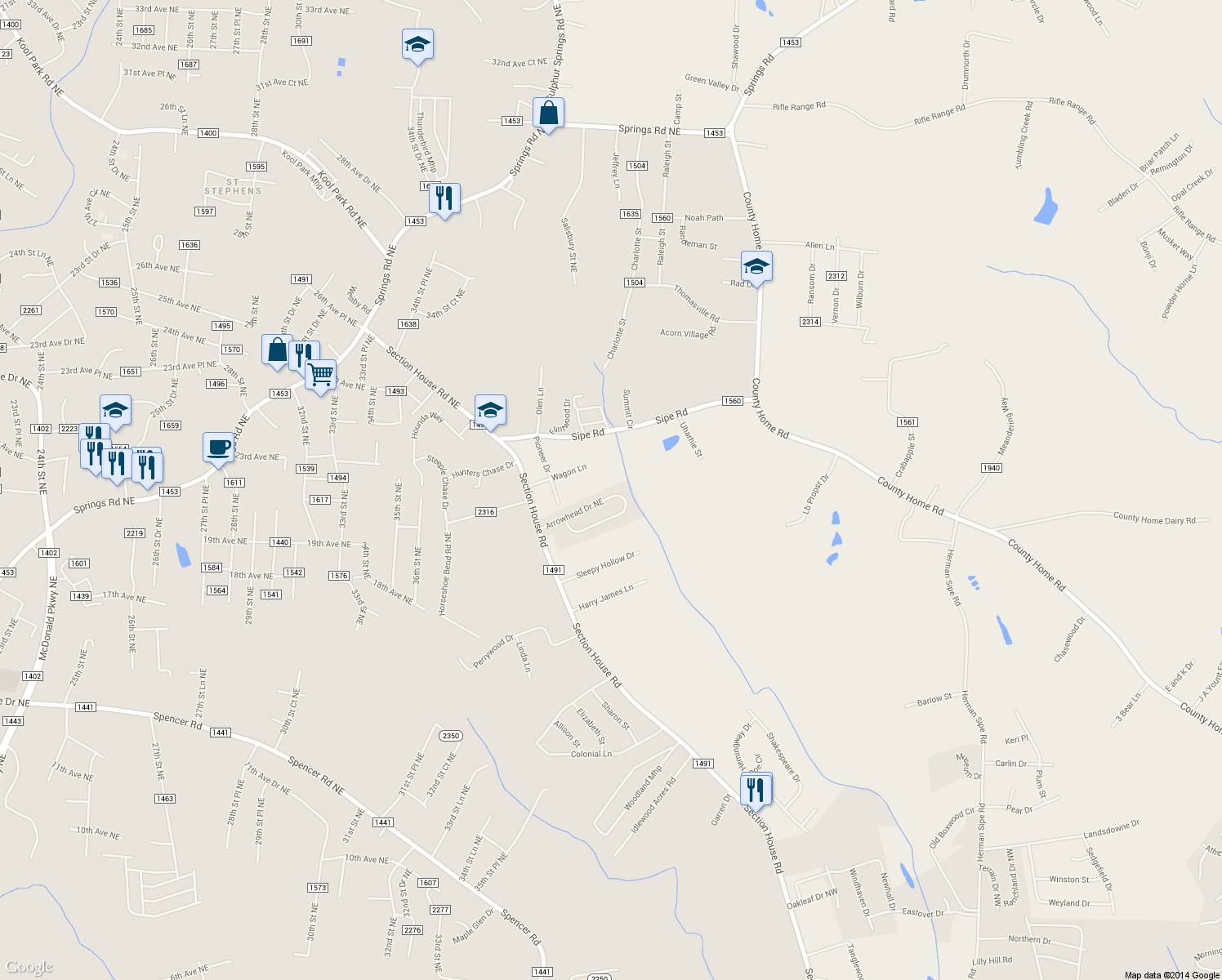 map of restaurants, bars, coffee shops, grocery stores, and more near 4125 Arrowhead Drive Northeast in Hickory