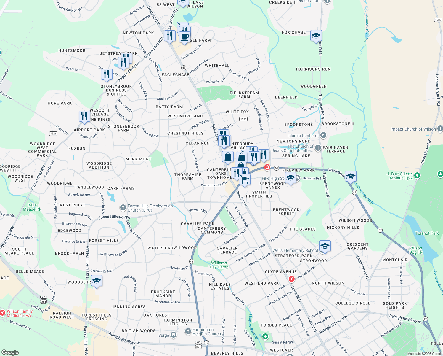 map of restaurants, bars, coffee shops, grocery stores, and more near 110 Canterbury Rd NW in Wilson