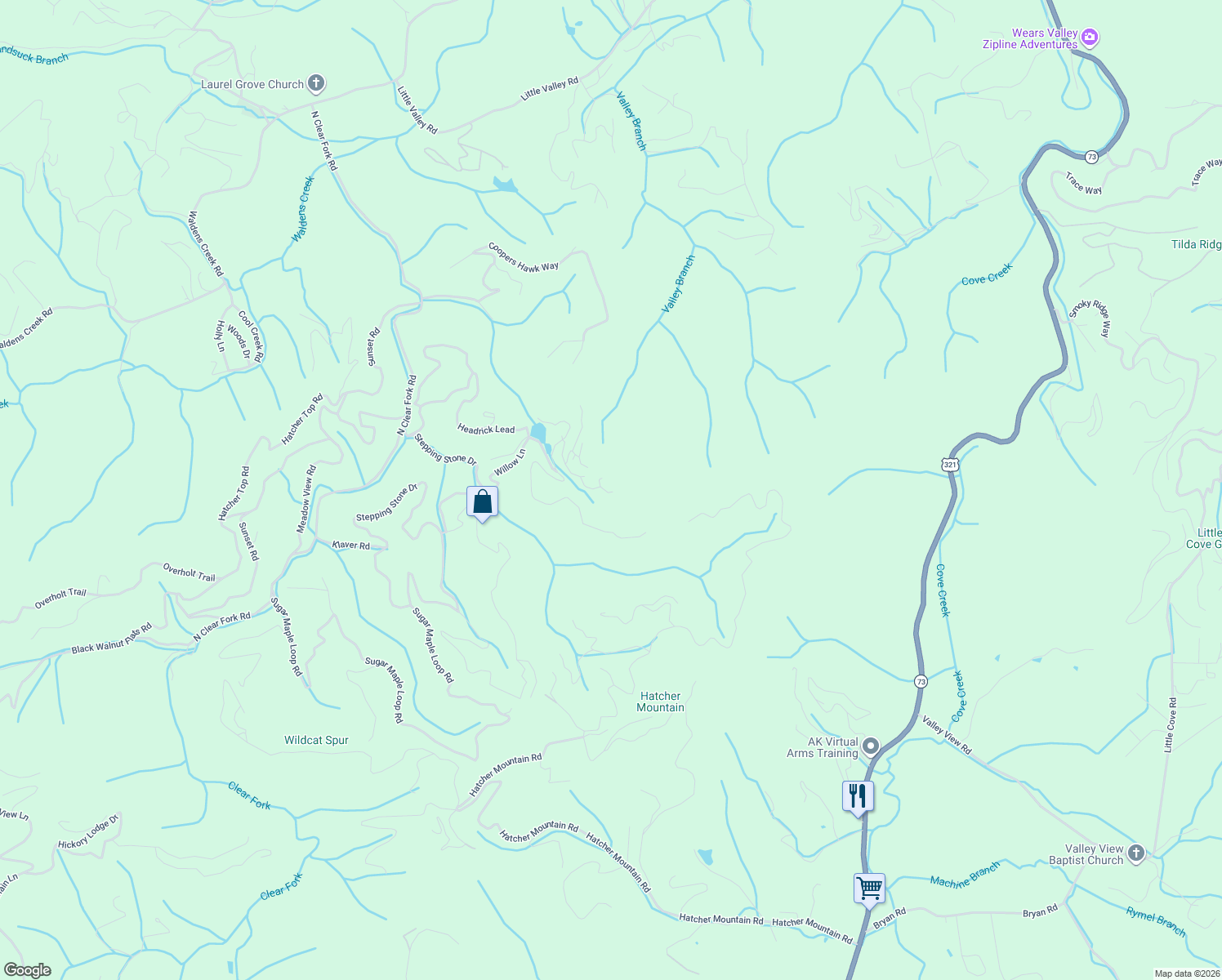 map of restaurants, bars, coffee shops, grocery stores, and more near 2202 Ridgeland Circle in Sevierville