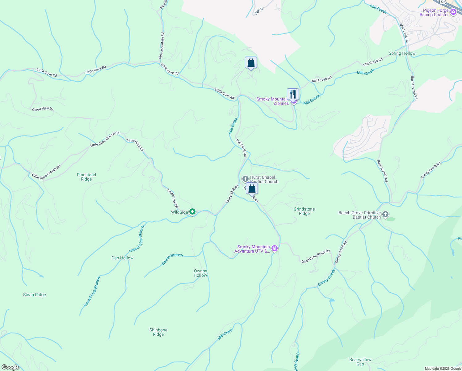map of restaurants, bars, coffee shops, grocery stores, and more near 909 Laurel Lick Road in Pigeon Forge
