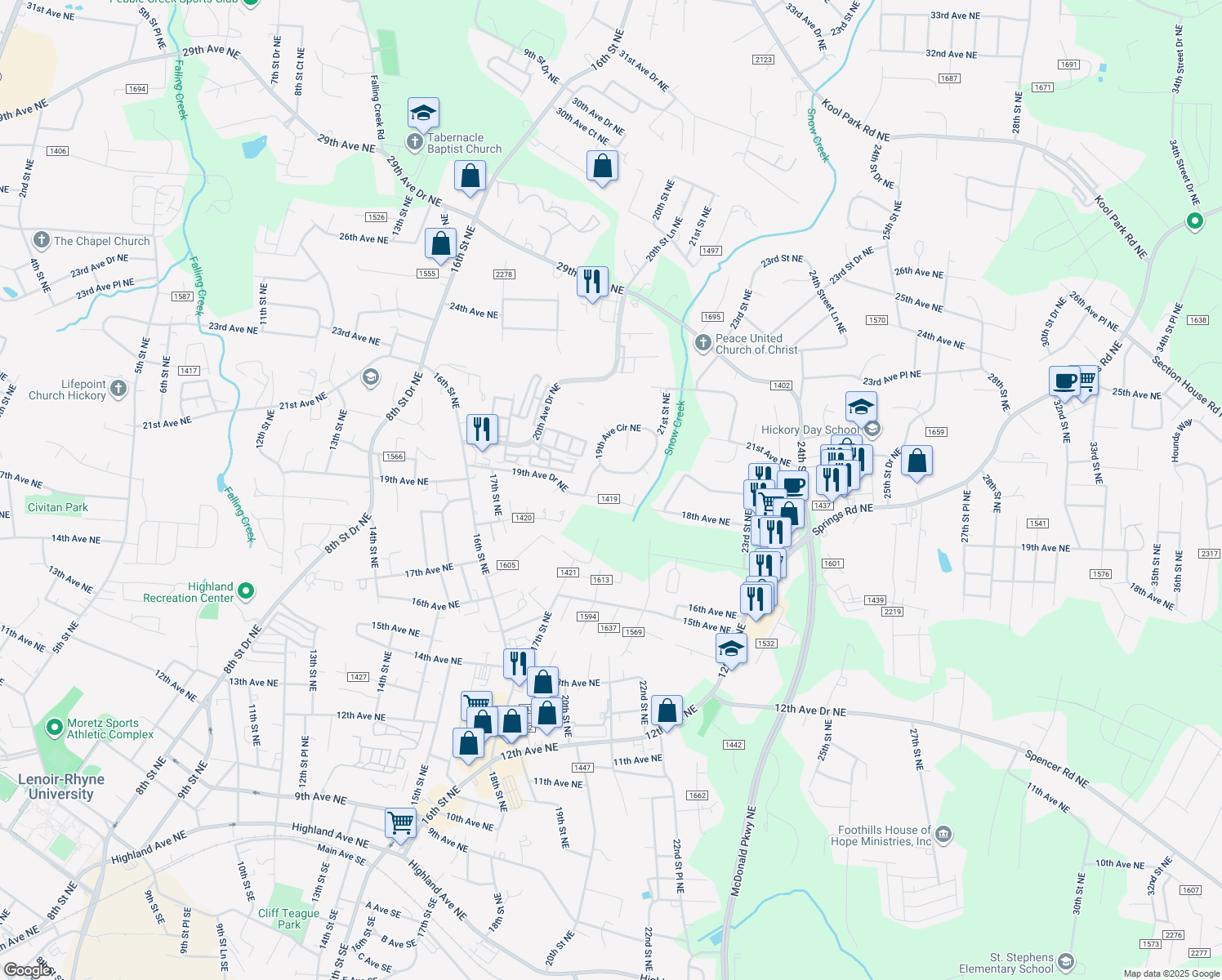 map of restaurants, bars, coffee shops, grocery stores, and more near 2011 19th Avenue Drive Northeast in Hickory