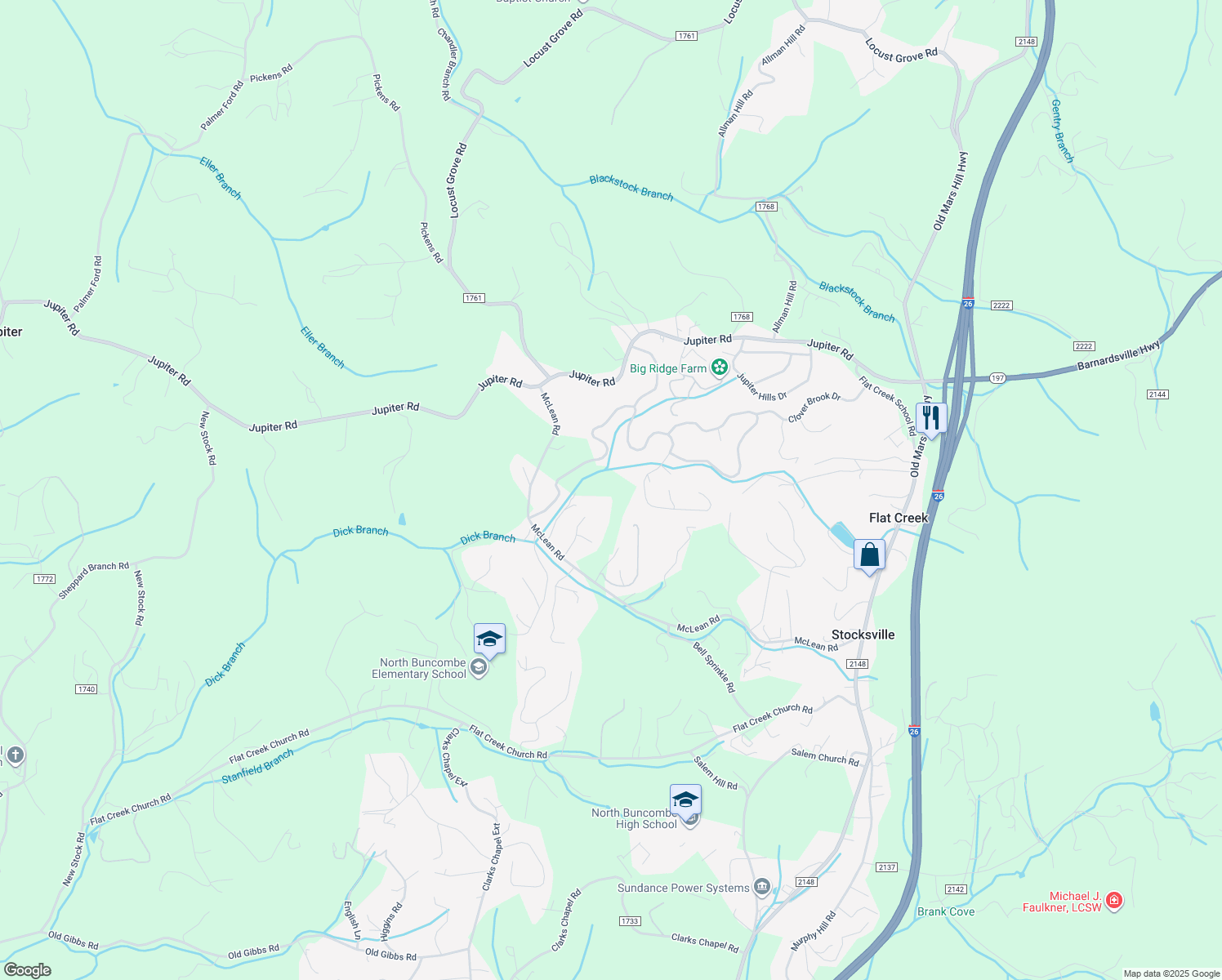 map of restaurants, bars, coffee shops, grocery stores, and more near 41 Hannah Marie Drive in Weaverville