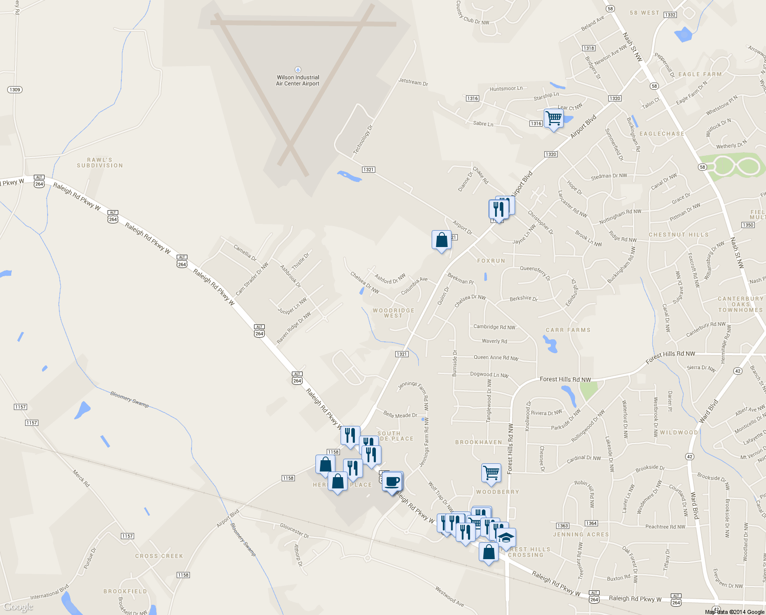 map of restaurants, bars, coffee shops, grocery stores, and more near 3804 Columbia Avenue Northwest in Wilson