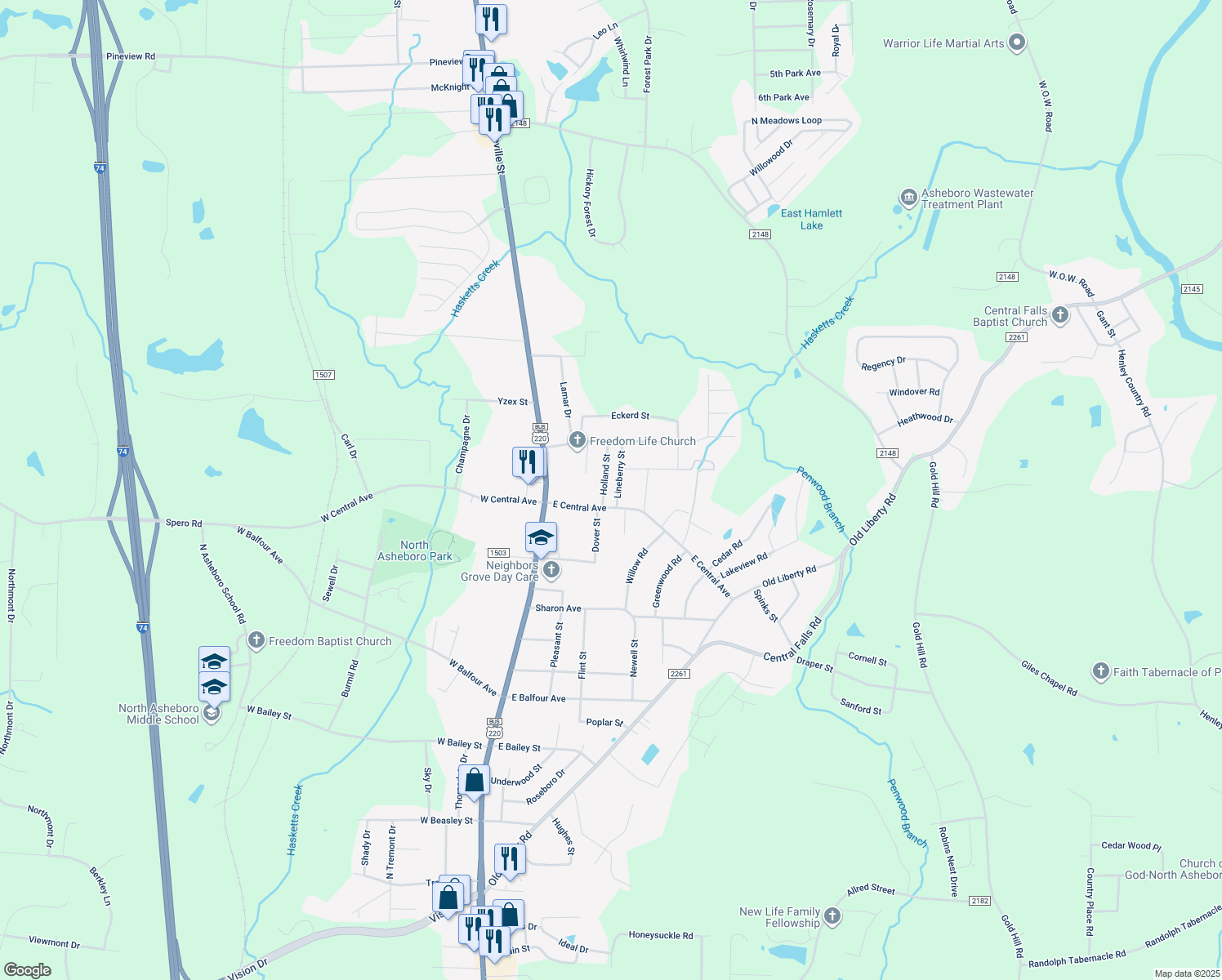 map of restaurants, bars, coffee shops, grocery stores, and more near 2011 Lineberry St in Asheboro
