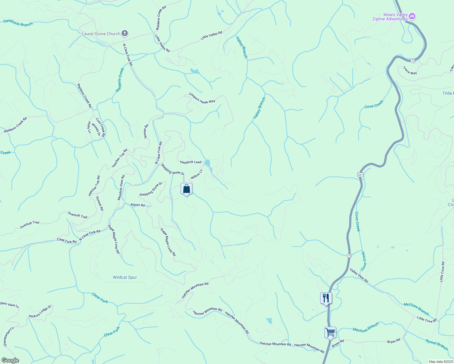 map of restaurants, bars, coffee shops, grocery stores, and more near 2202 Ridgeland Circle in Sevierville