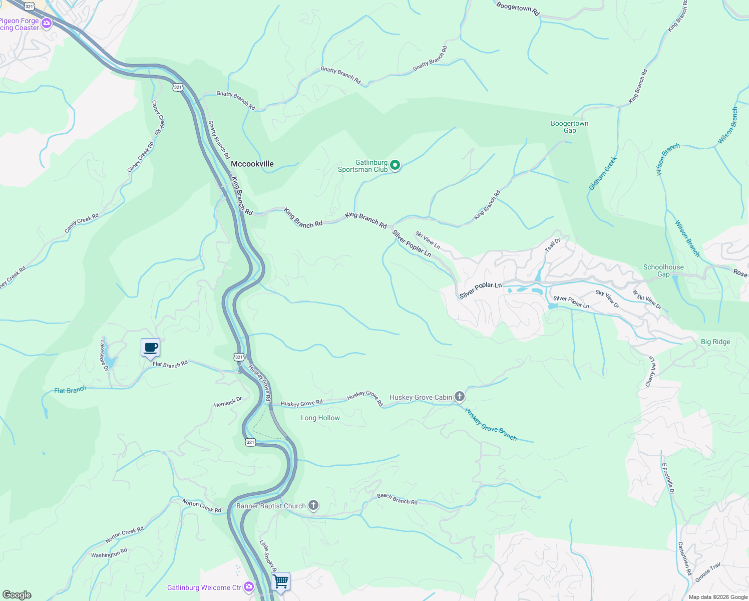 map of restaurants, bars, coffee shops, grocery stores, and more near 4179 South King Branch Road in Sevierville