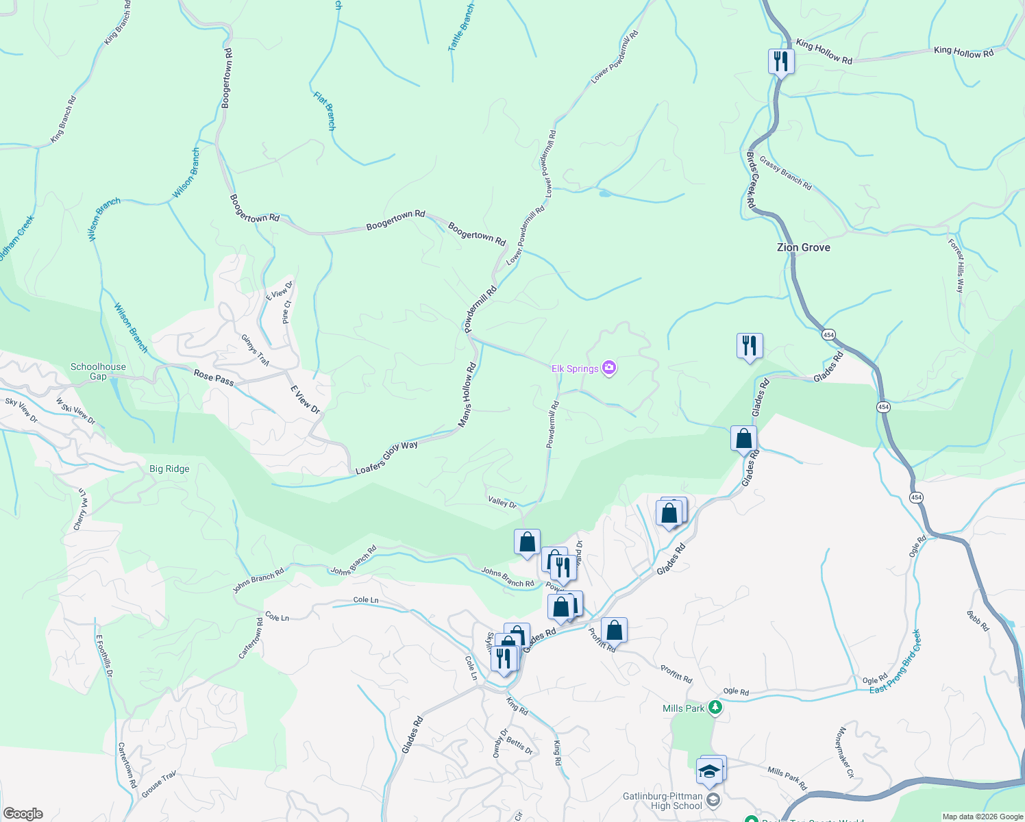 map of restaurants, bars, coffee shops, grocery stores, and more near 4207 Manis Hollow Road in Gatlinburg
