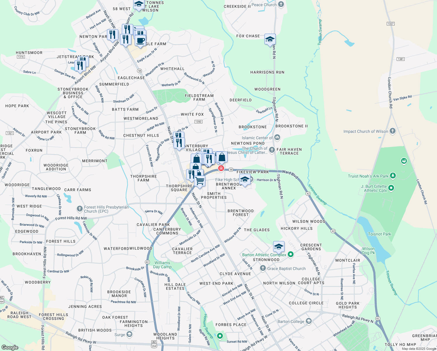 map of restaurants, bars, coffee shops, grocery stores, and more near 301 Harrison Dr N in Wilson