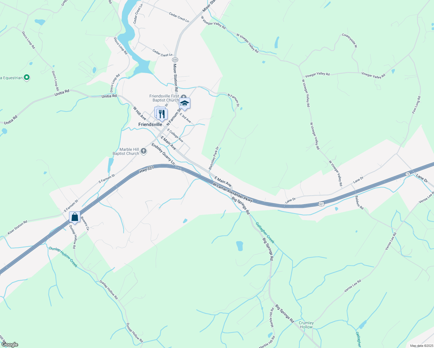 map of restaurants, bars, coffee shops, grocery stores, and more near 517 E Main Ave in Friendsville