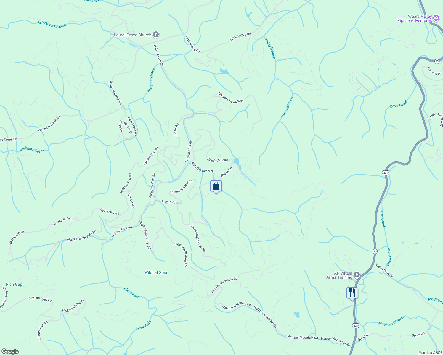 map of restaurants, bars, coffee shops, grocery stores, and more near 2328 Willow Lane in Pigeon Forge