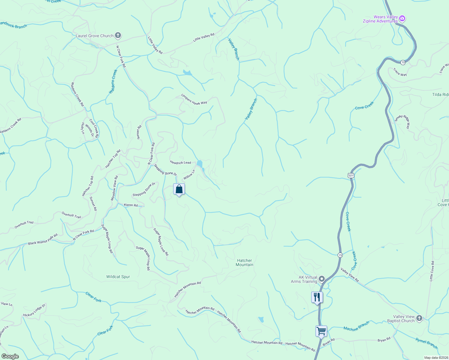map of restaurants, bars, coffee shops, grocery stores, and more near 2203 Ridgeland Circle in Sevierville