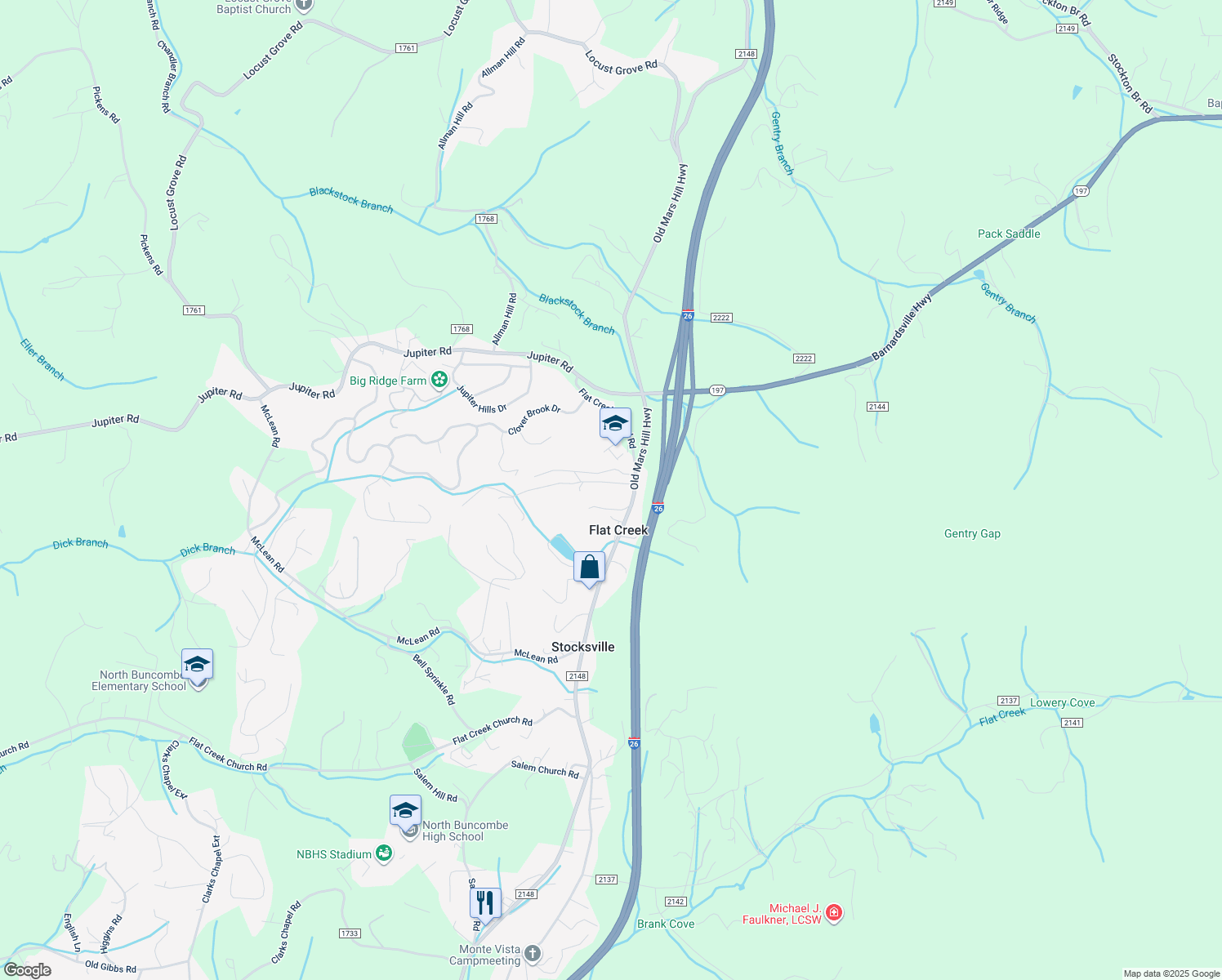 map of restaurants, bars, coffee shops, grocery stores, and more near 16 Southwood Drive in Weaverville