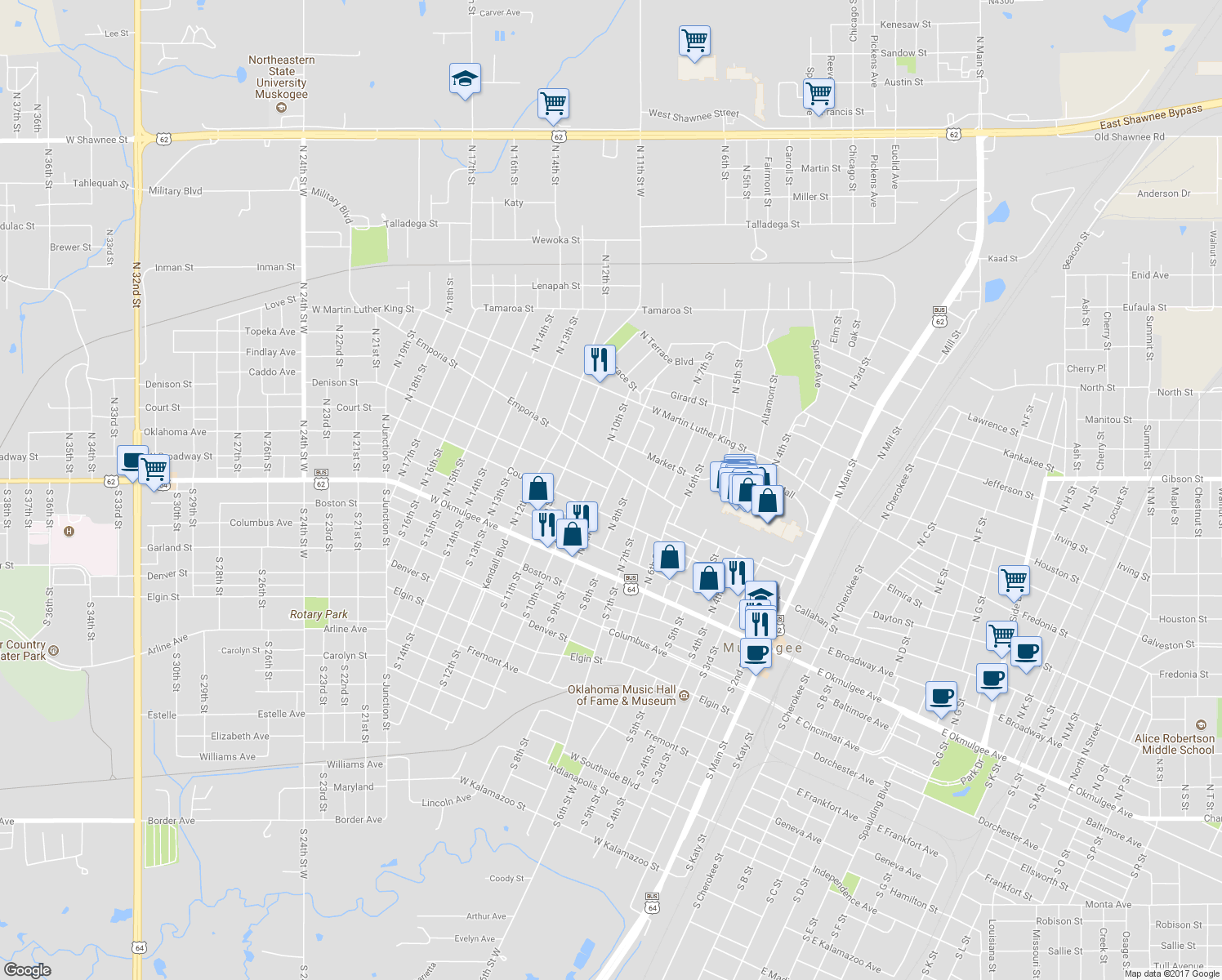 map of restaurants, bars, coffee shops, grocery stores, and more near 312 North 9th Street in Muskogee