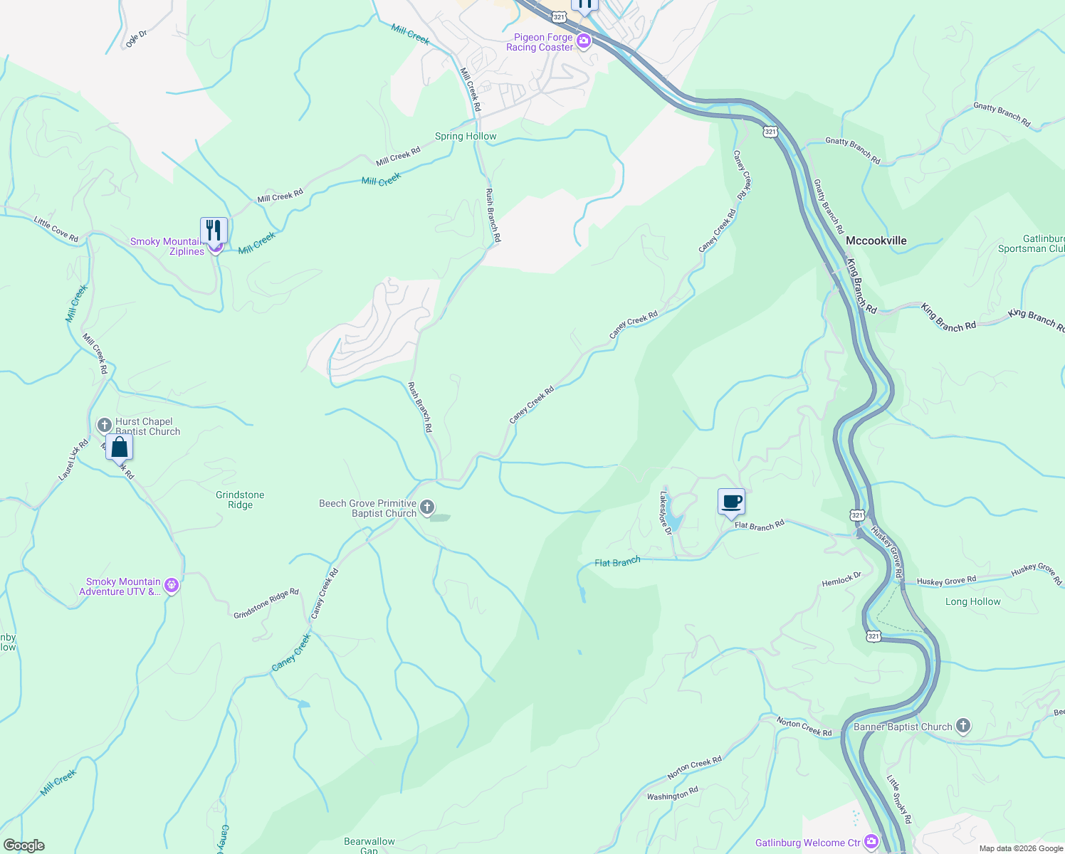 map of restaurants, bars, coffee shops, grocery stores, and more near 553 Caney Creek Rd in Sevierville