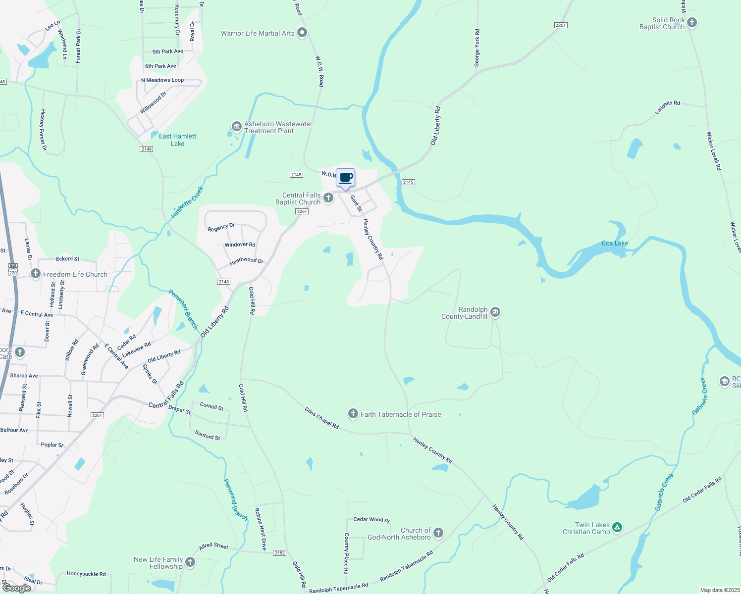 map of restaurants, bars, coffee shops, grocery stores, and more near 1002 Pearl Court in Randleman