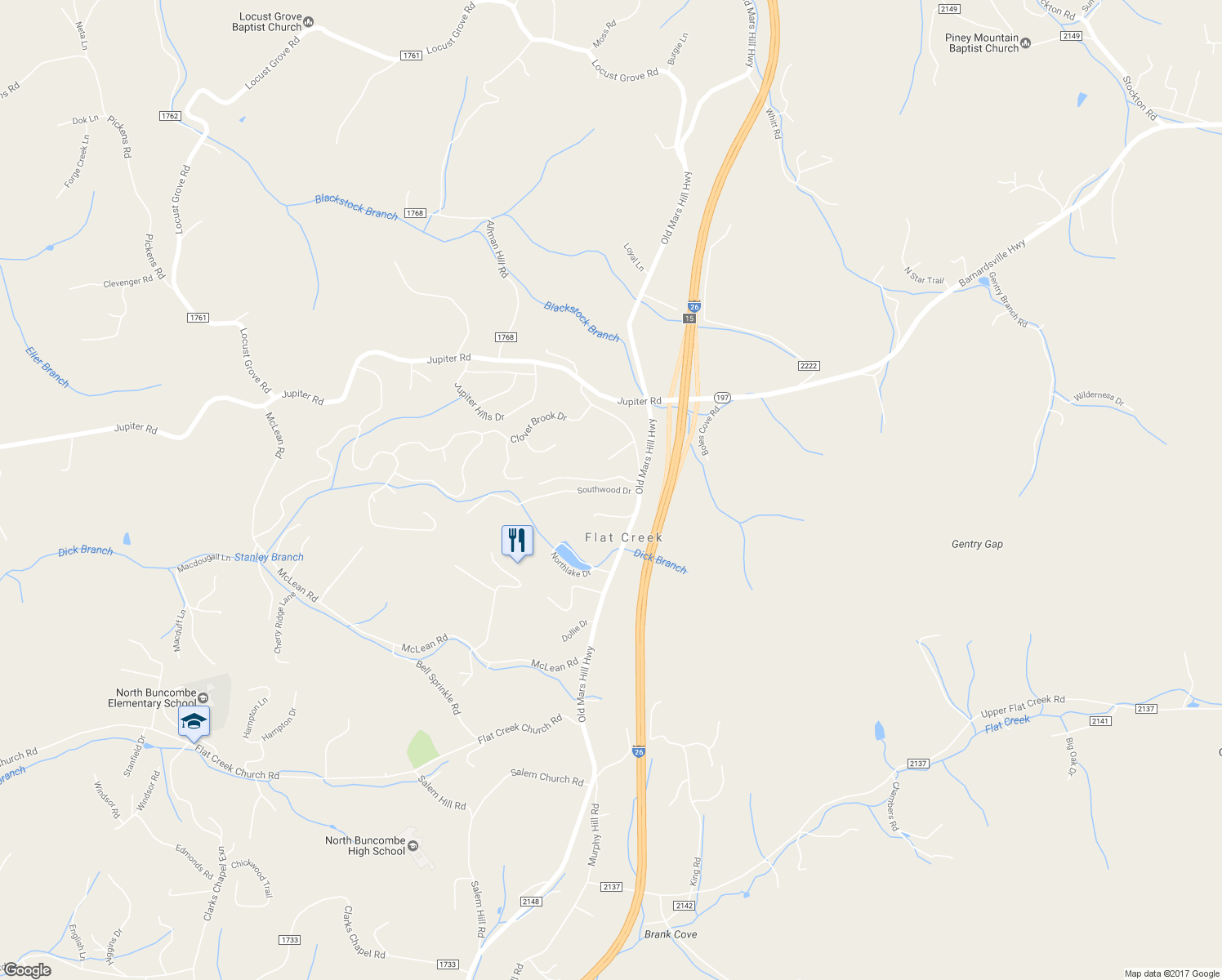 map of restaurants, bars, coffee shops, grocery stores, and more near 16 Southwood Drive in Weaverville
