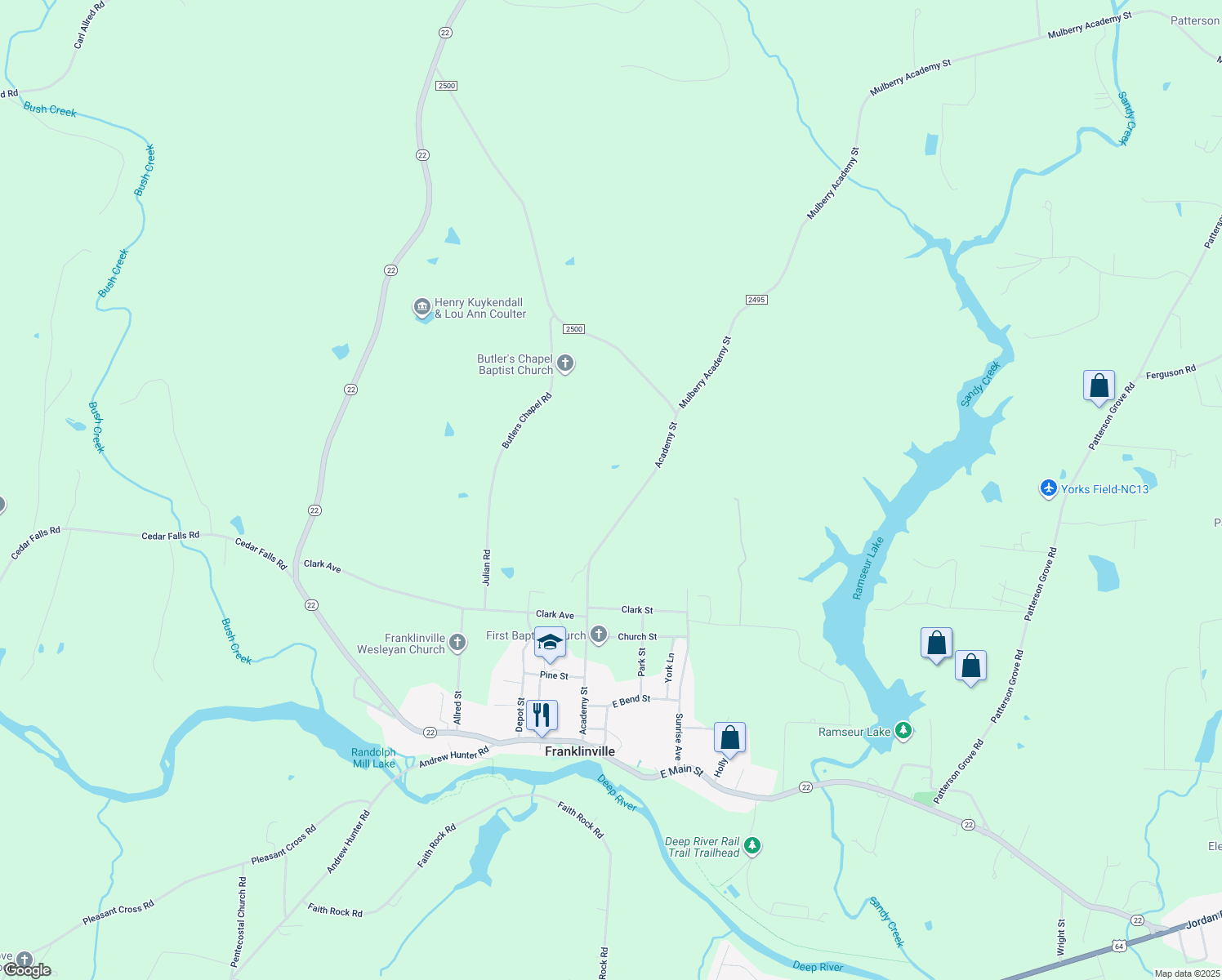 map of restaurants, bars, coffee shops, grocery stores, and more near 793 Academy St in Franklinville