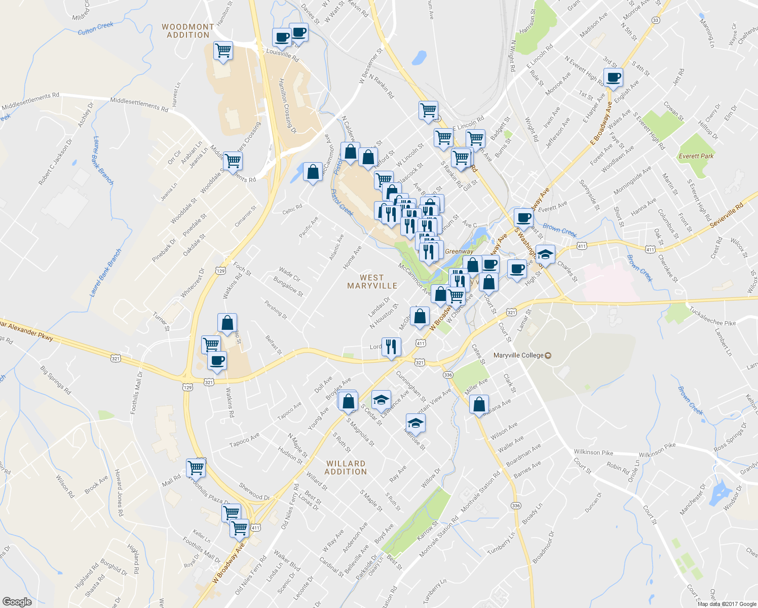 map of restaurants, bars, coffee shops, grocery stores, and more near 411 Landau Drive in Maryville