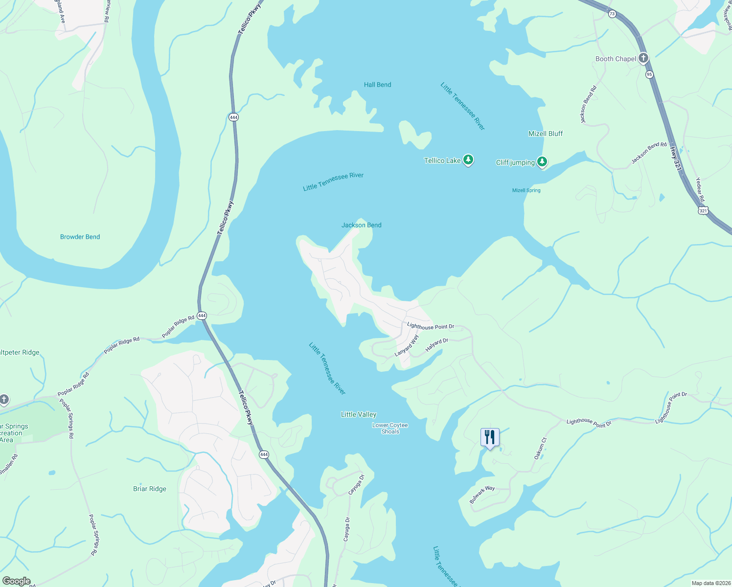 map of restaurants, bars, coffee shops, grocery stores, and more near 17546 Lighthouse Pointe Drive in Lenoir City