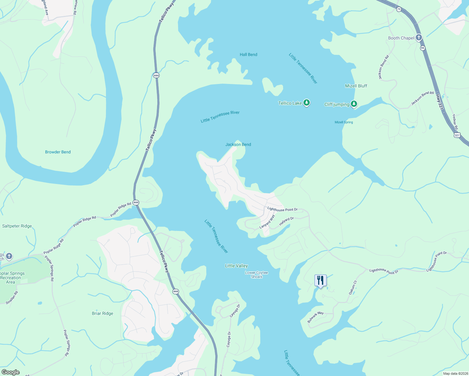map of restaurants, bars, coffee shops, grocery stores, and more near 17546 Lighthouse Pointe Drive in Lenoir City
