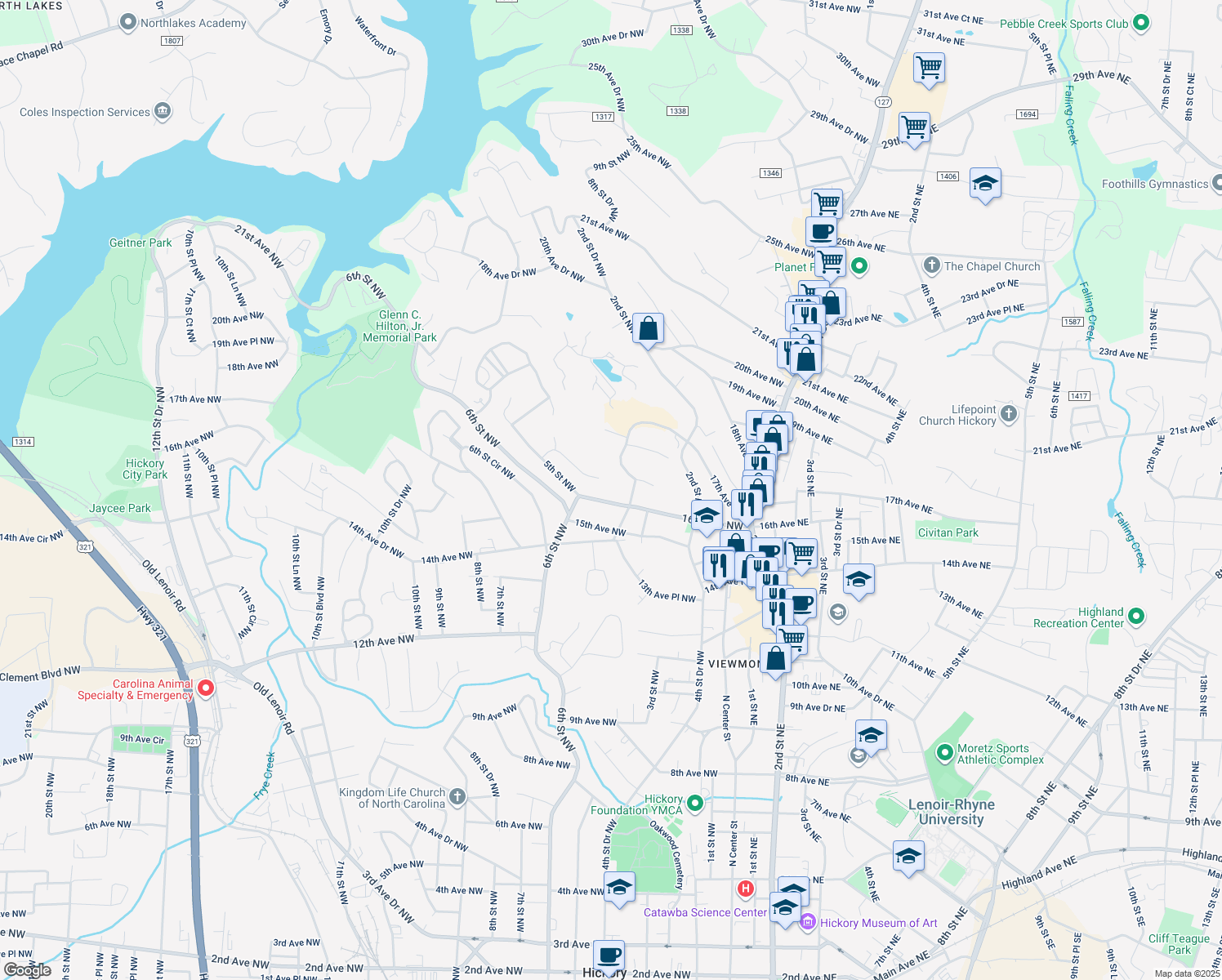 map of restaurants, bars, coffee shops, grocery stores, and more near 500 16th Avenue Northwest in Hickory
