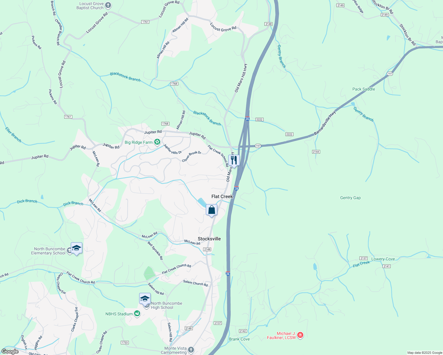 map of restaurants, bars, coffee shops, grocery stores, and more near 12 Heather Mist Drive in Weaverville