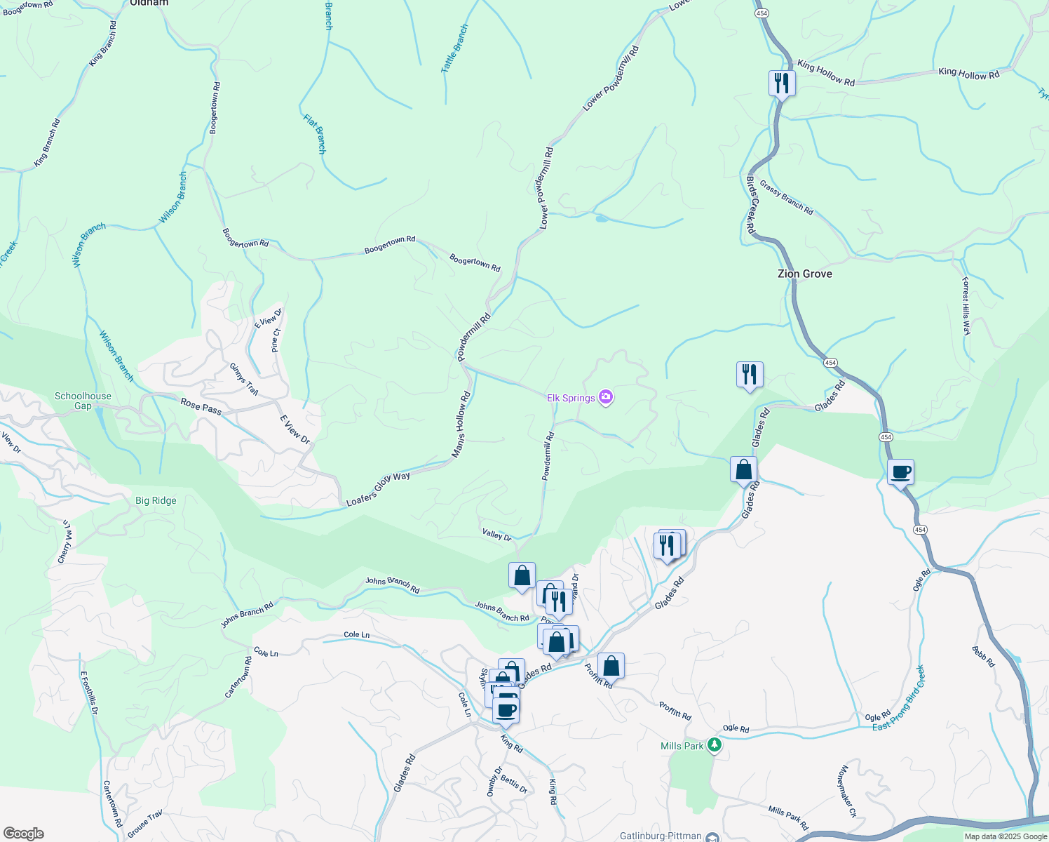 map of restaurants, bars, coffee shops, grocery stores, and more near 4110 Kidds Way in Gatlinburg