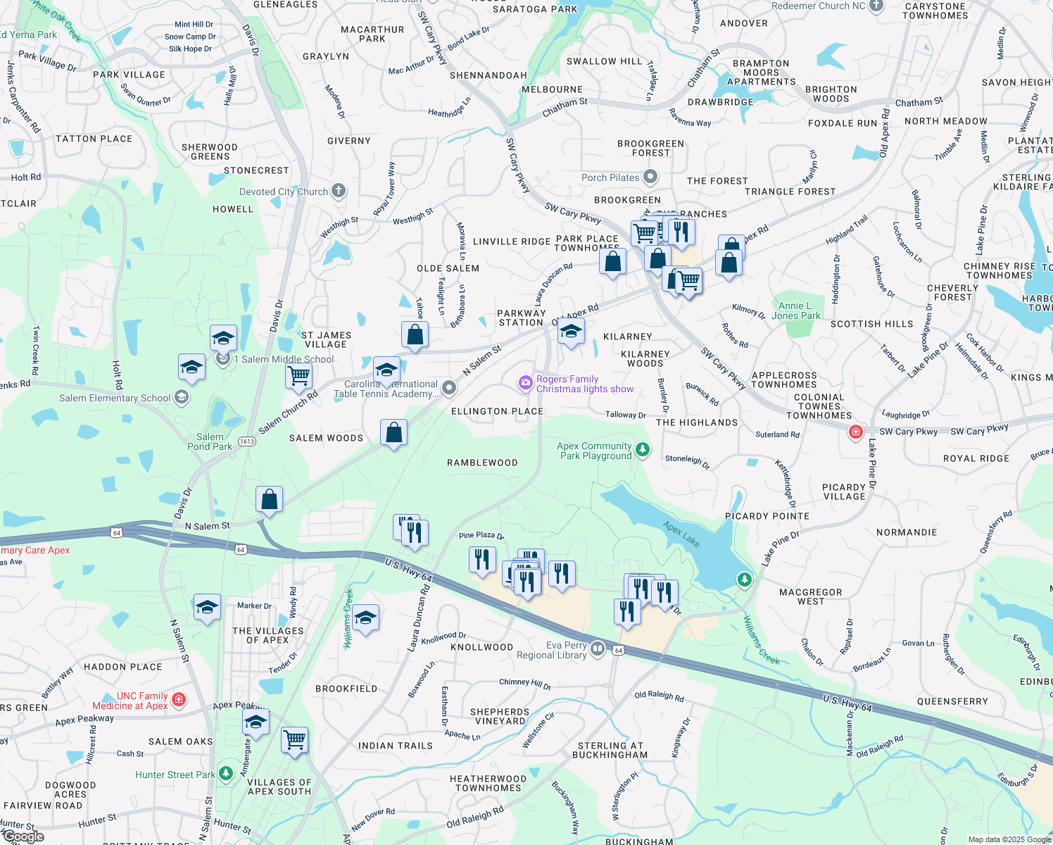 map of restaurants, bars, coffee shops, grocery stores, and more near 717 Sweet Laurel Lane in Apex