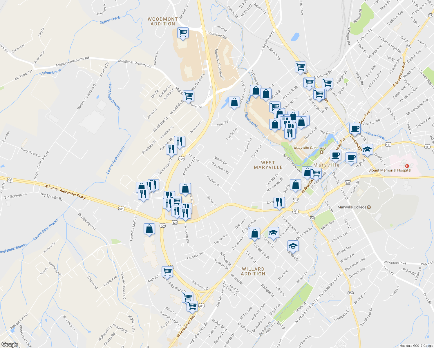 map of restaurants, bars, coffee shops, grocery stores, and more near 820 Foch Street in Maryville