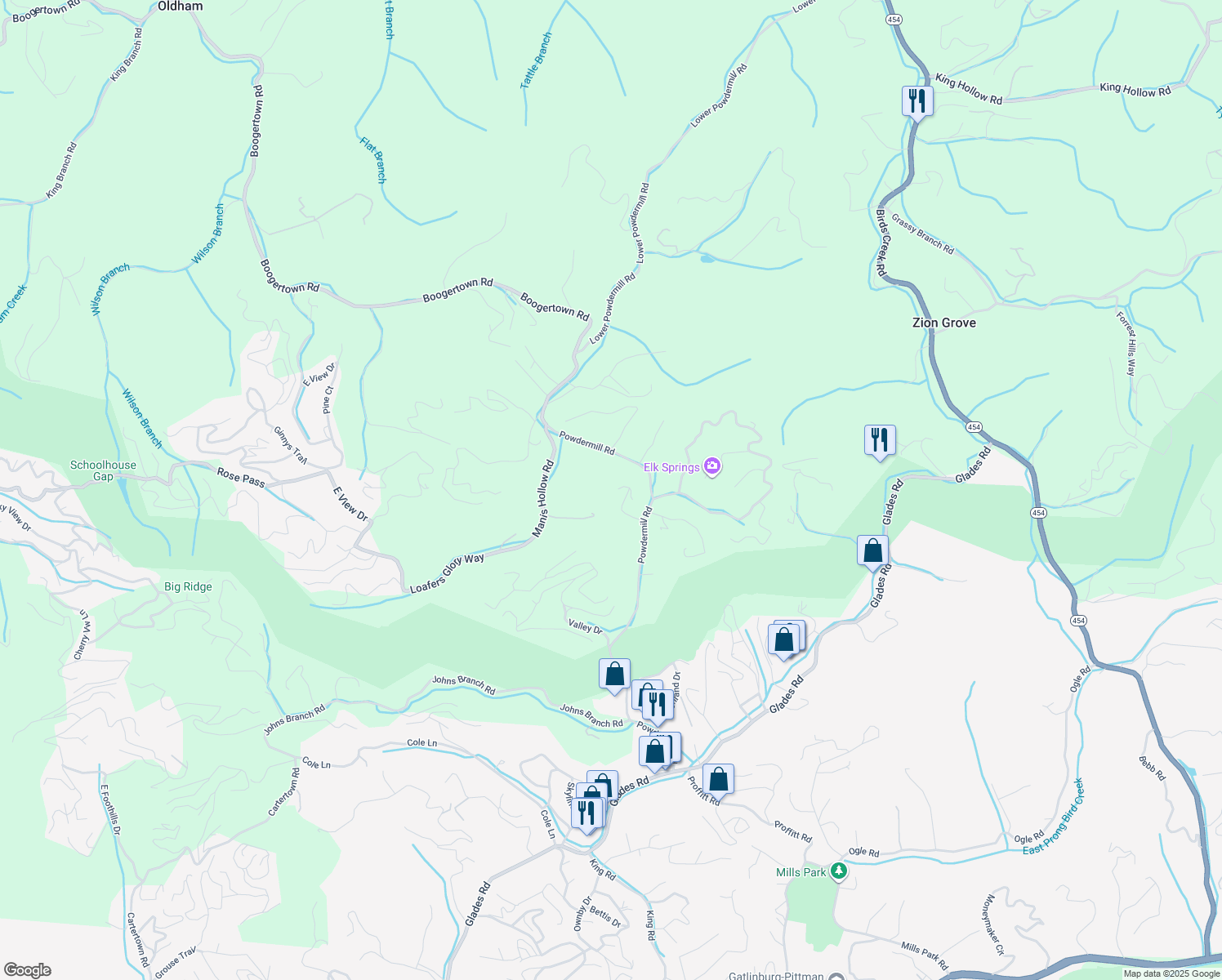 map of restaurants, bars, coffee shops, grocery stores, and more near 4110 Kidds Way in Gatlinburg