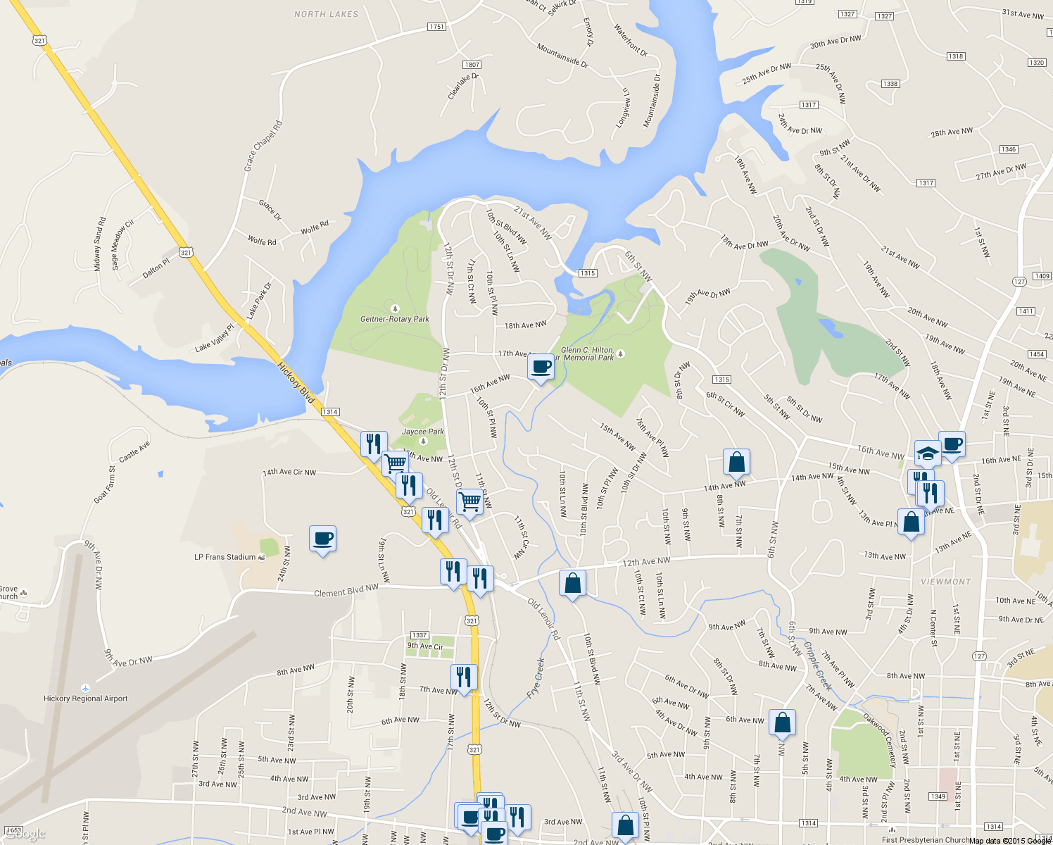 map of restaurants, bars, coffee shops, grocery stores, and more near 1550 16th Avenue Circle Northwest in Hickory